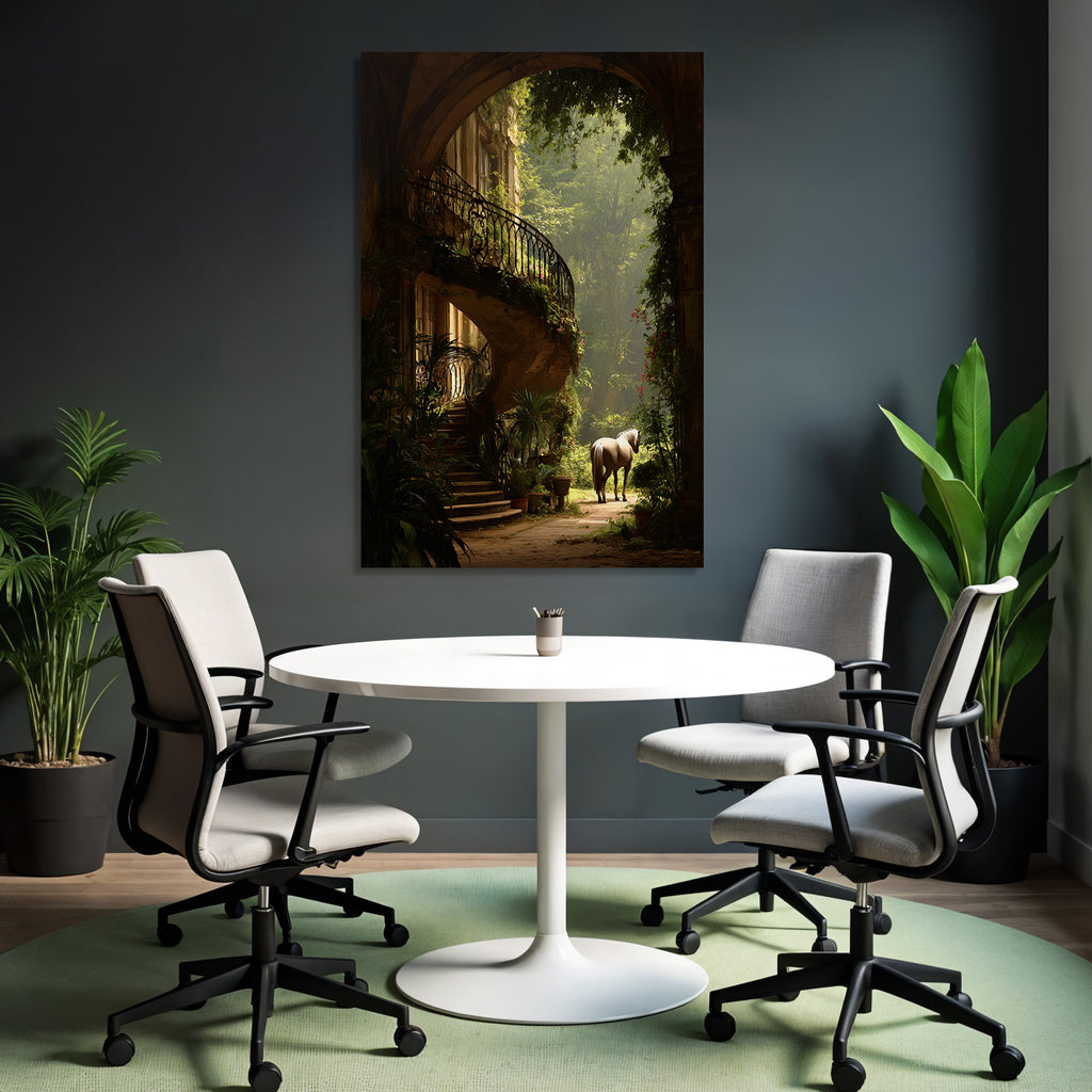 Grand Staircase With Horse In Lush Garden Mystical Atmosphere