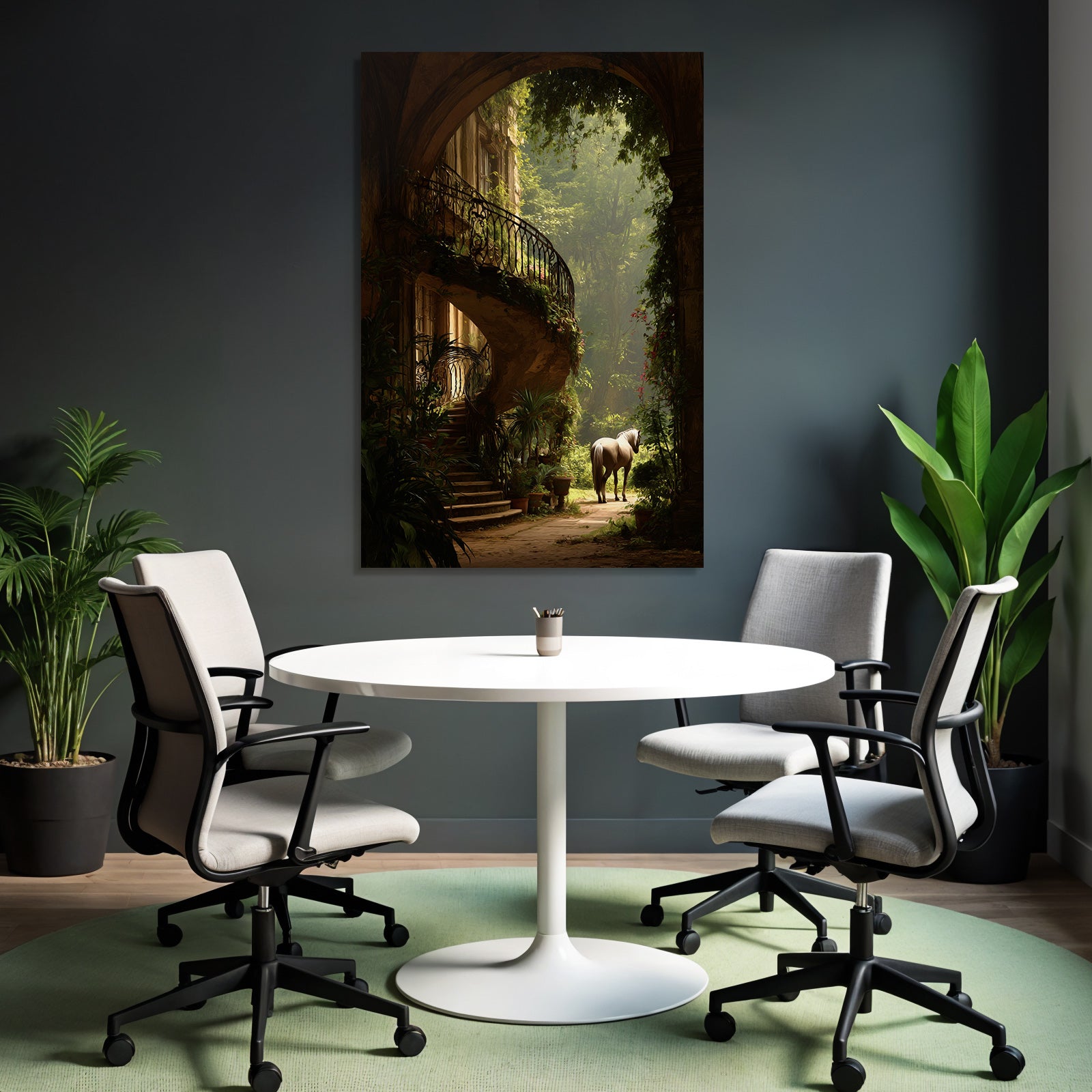 Grand Staircase With Horse In Lush Garden Mystical Atmosphere