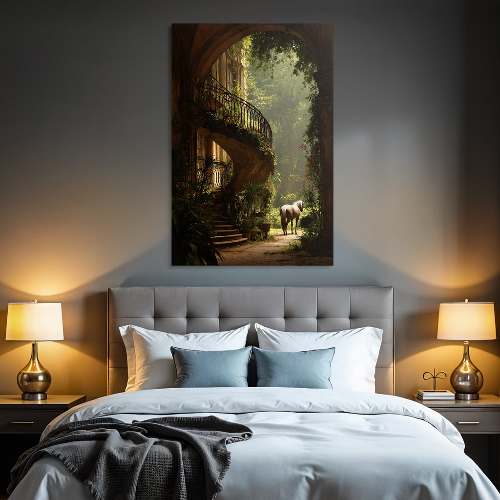 Grand Staircase With Horse In Lush Garden Mystical Atmosphere