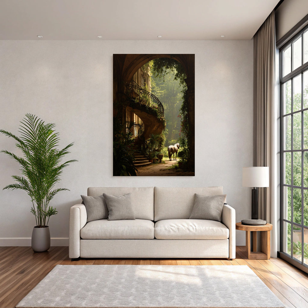 Grand Staircase With Horse In Lush Garden Mystical Atmosphere