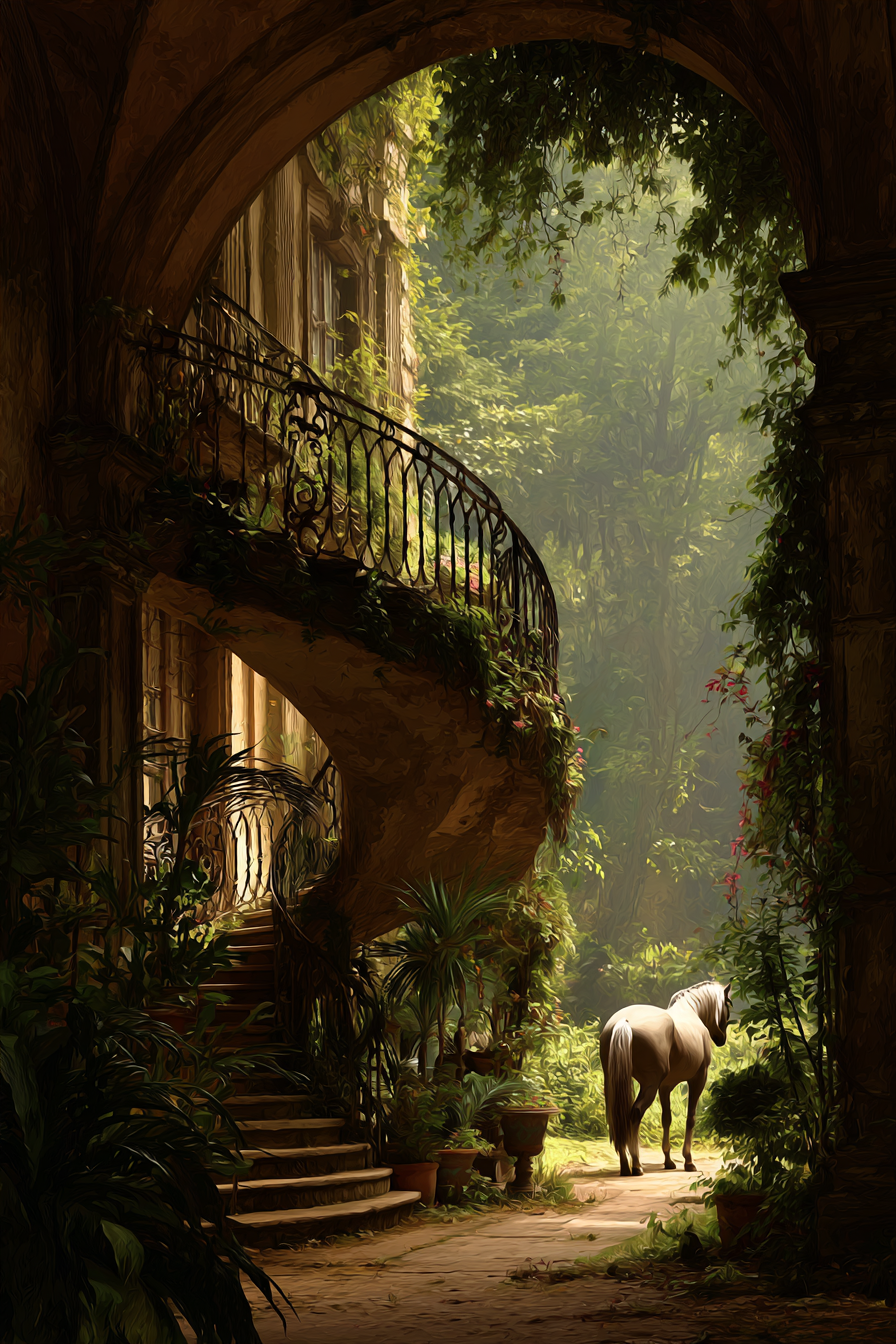 Grand Staircase With Horse In Lush Garden Mystical Atmosphere | Tueren Treppen und Tore | Architektur