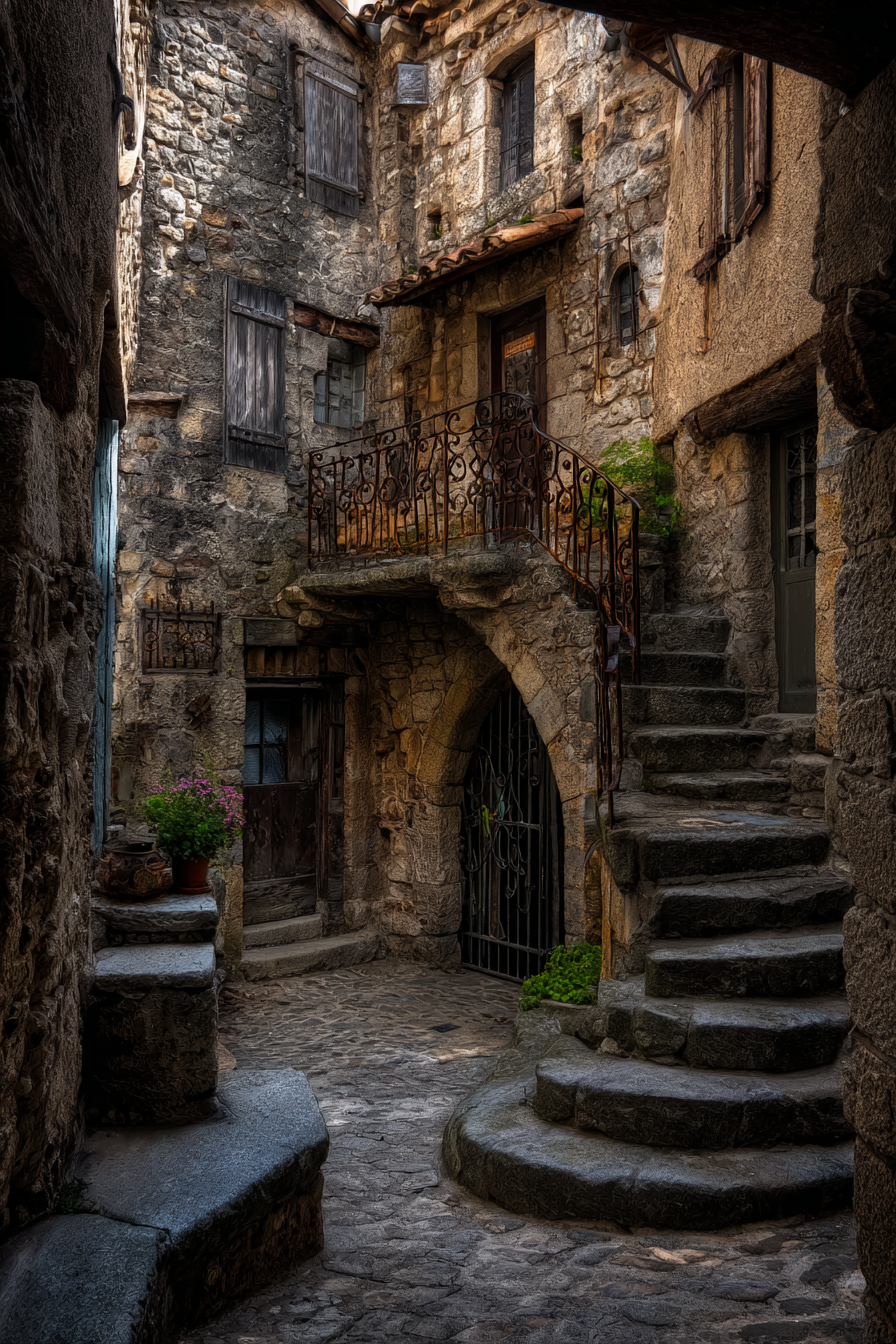 Narrow Cobblestone Alleyway Rustic Village Medieval Charm | Tueren Treppen und Tore | Architektur