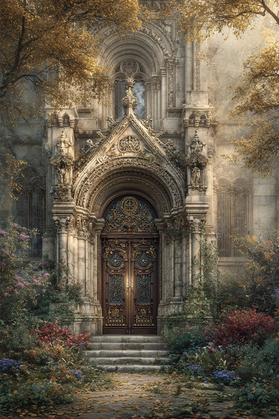 Ornate Architectural Entrance Gothic Baroqü With Greenery And Flowers | Tueren Treppen und Tore | Architektur