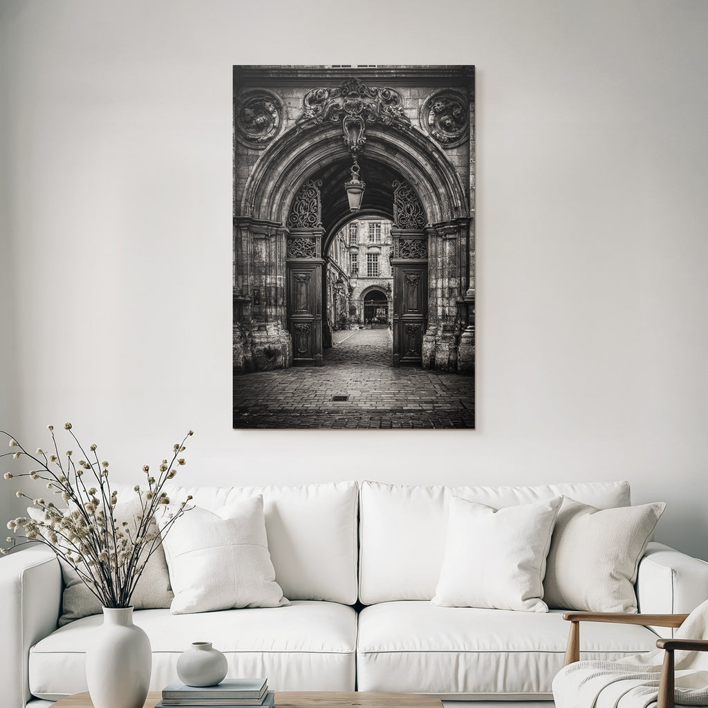 Ornate Steinbogen Und G Kopfsteinpflasterstrasse Schwarz Weiss