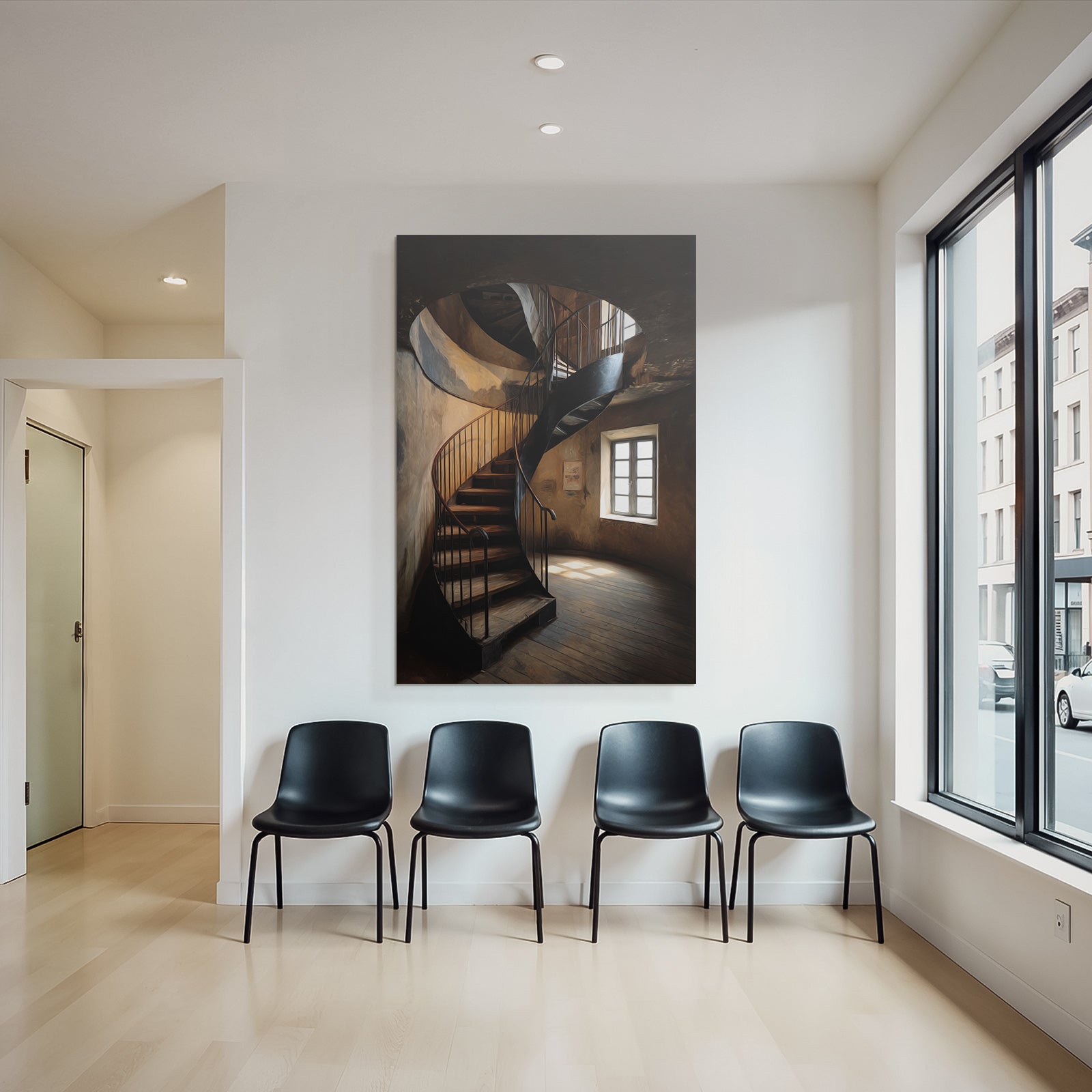 Spiral Staircase Im Inneren Einem Dimm Beleuchteten Raum