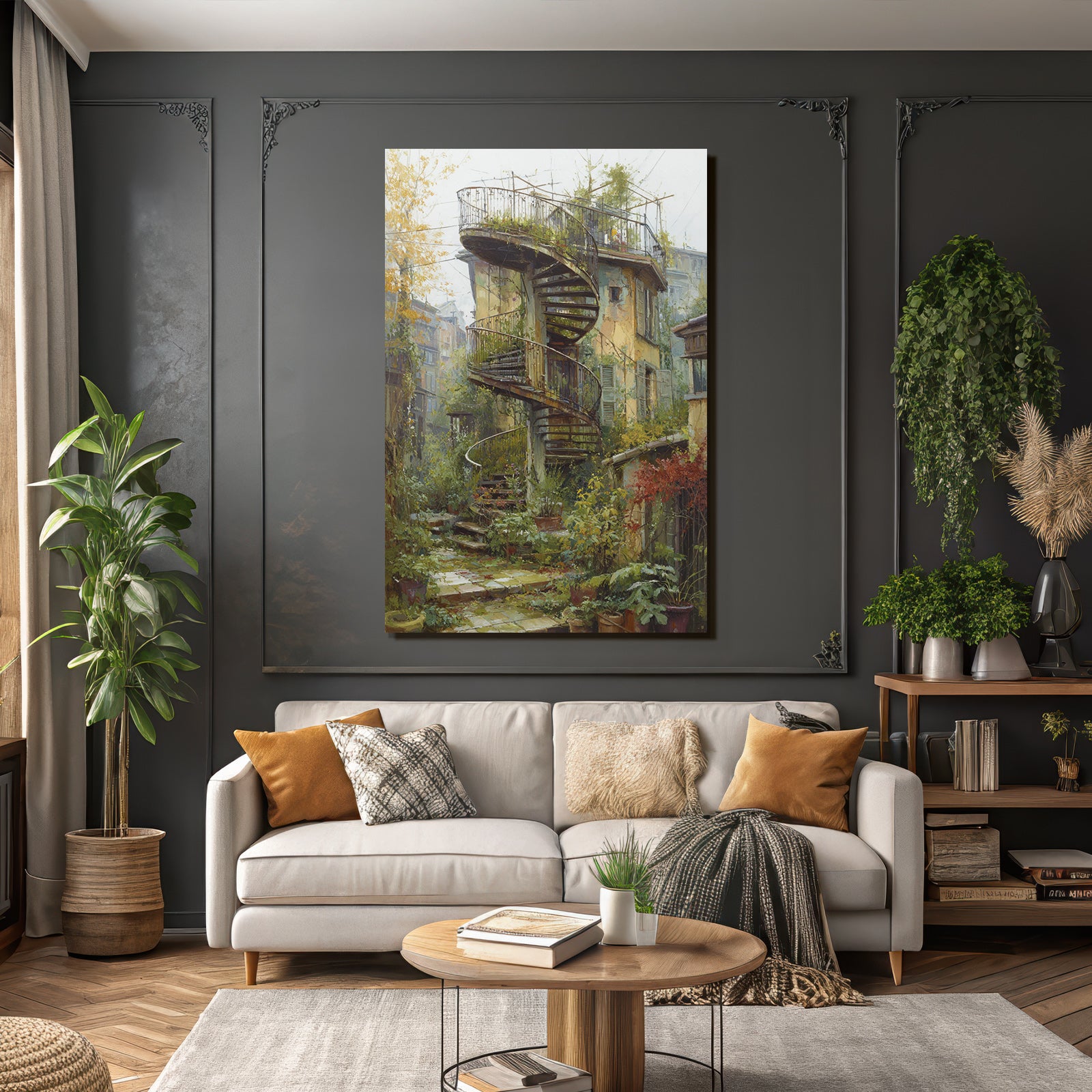 Spiral Staircase Lush Greenery Peaceful Garden Courtyard