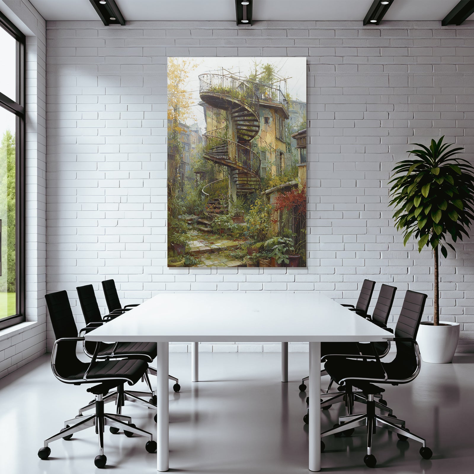 Spiral Staircase Lush Greenery Peaceful Garden Courtyard