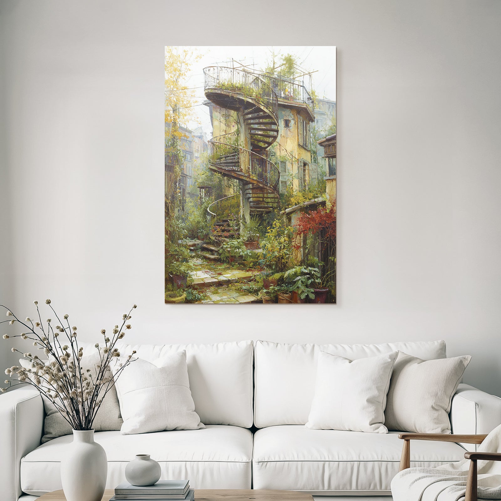 Spiral Staircase Lush Greenery Peaceful Garden Courtyard