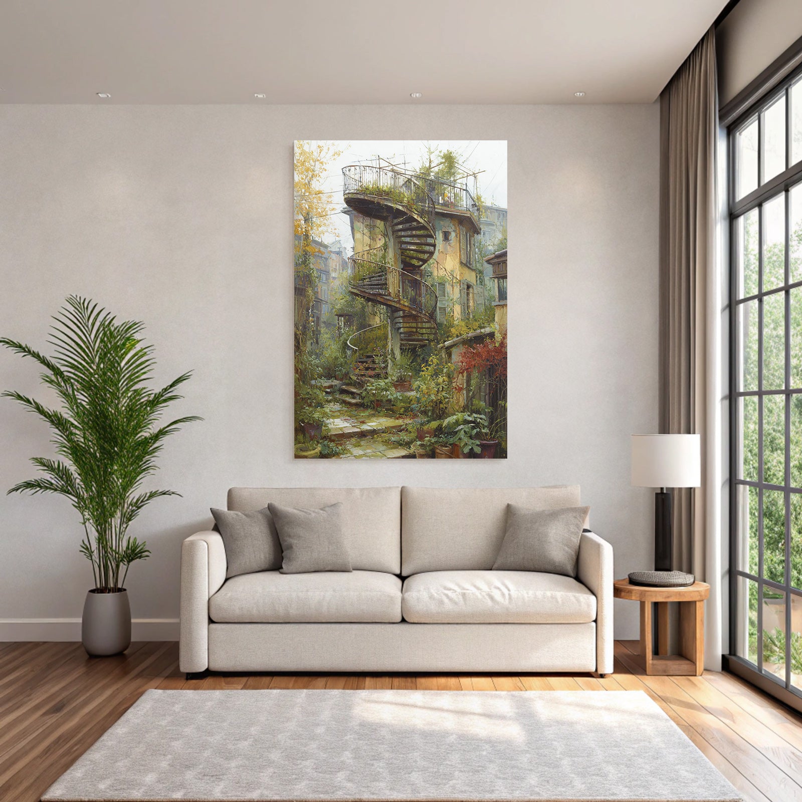 Spiral Staircase Lush Greenery Peaceful Garden Courtyard
