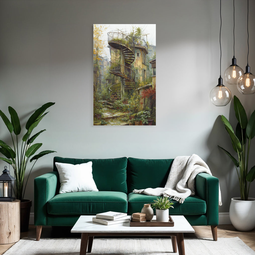 Spiral Staircase Lush Greenery Peaceful Garden Courtyard