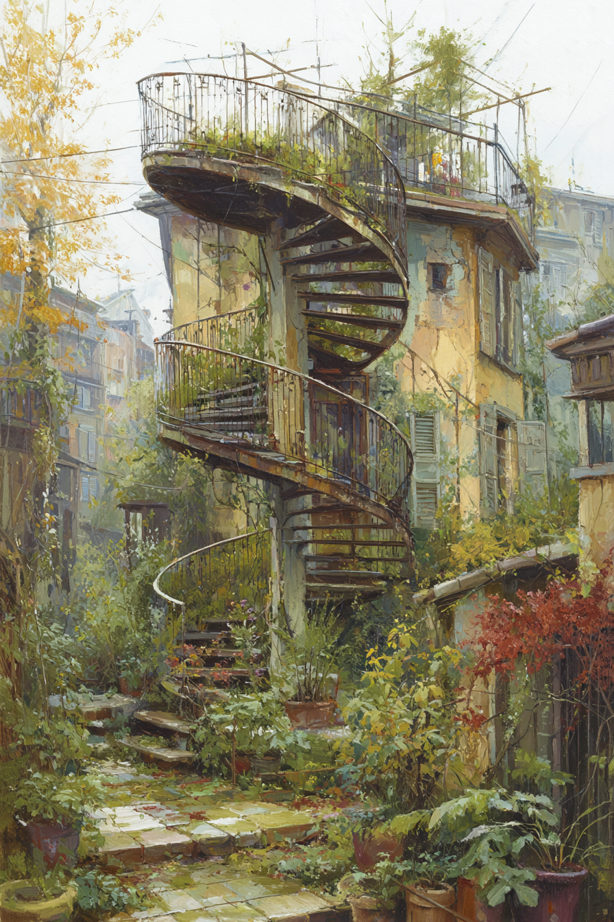 Spiral Staircase Lush Greenery Peaceful Garden Courtyard | Tueren Treppen und Tore | Architektur