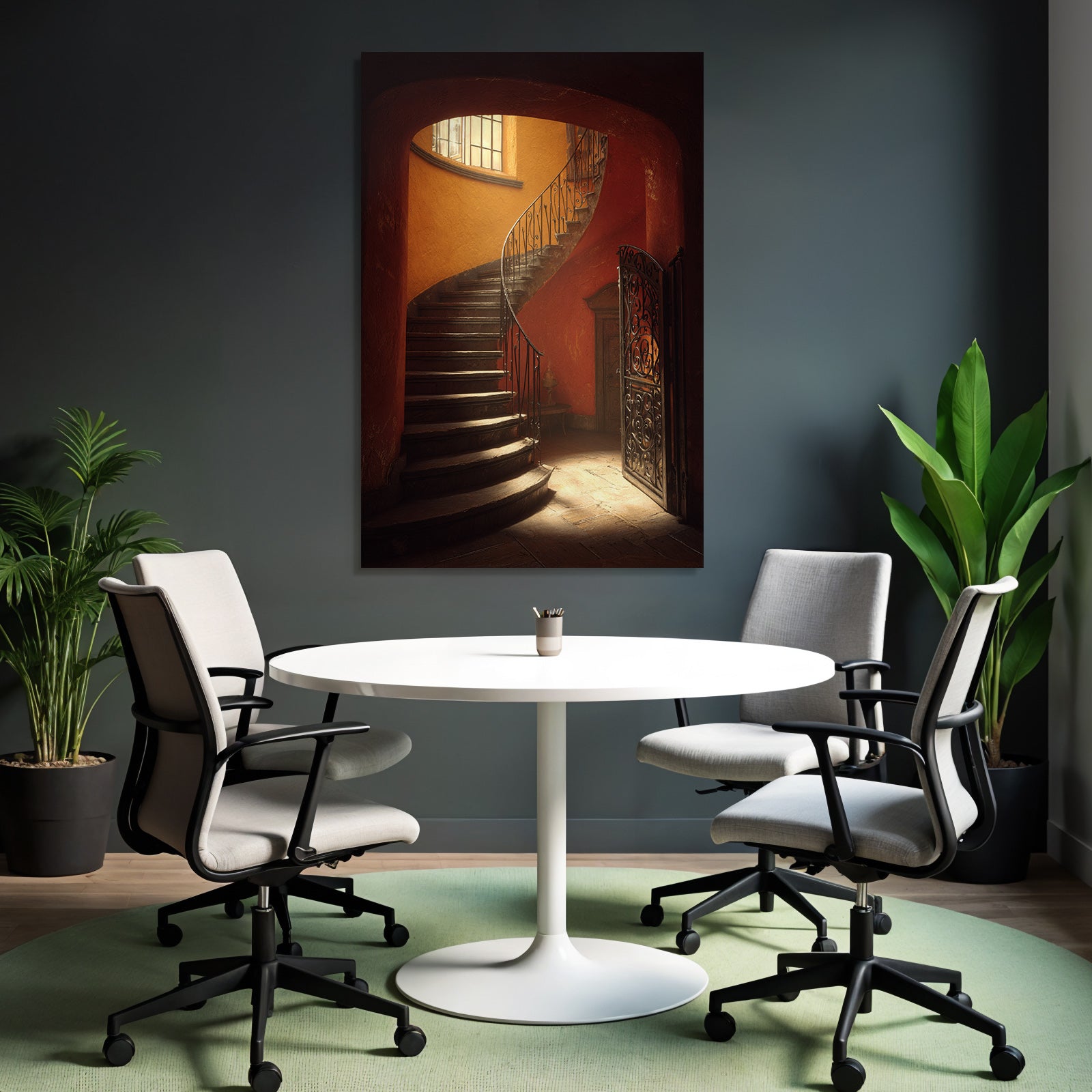 Treppe Mit Geschwungendem Design Holzstufen Schmiedeeisen Handlauf Orange Wände