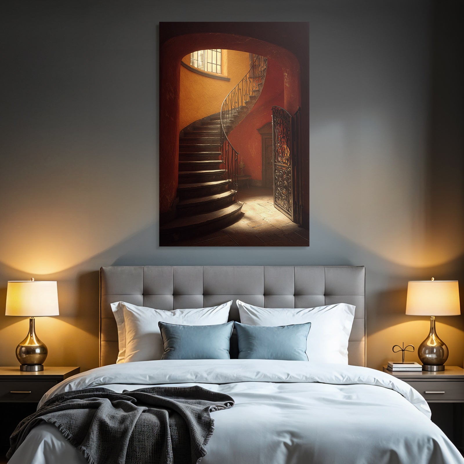 Treppe Mit Geschwungendem Design Holzstufen Schmiedeeisen Handlauf Orange Wände