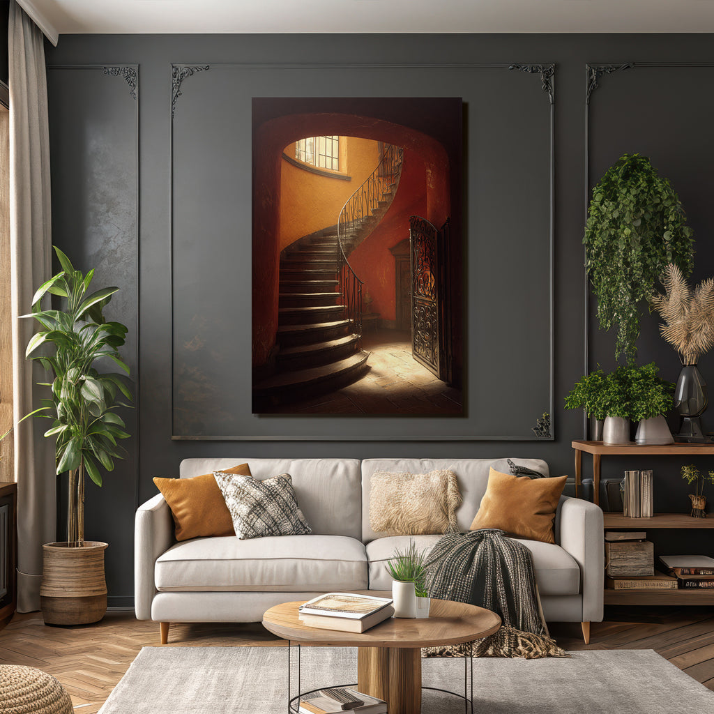 Treppe Mit Geschwungendem Design Holzstufen Schmiedeeisen Handlauf Orange Wände