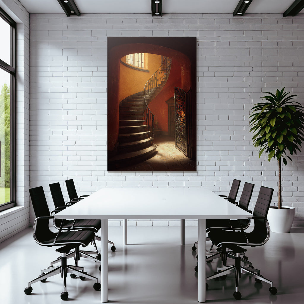 Treppe Mit Geschwungendem Design Holzstufen Schmiedeeisen Handlauf Orange Wände