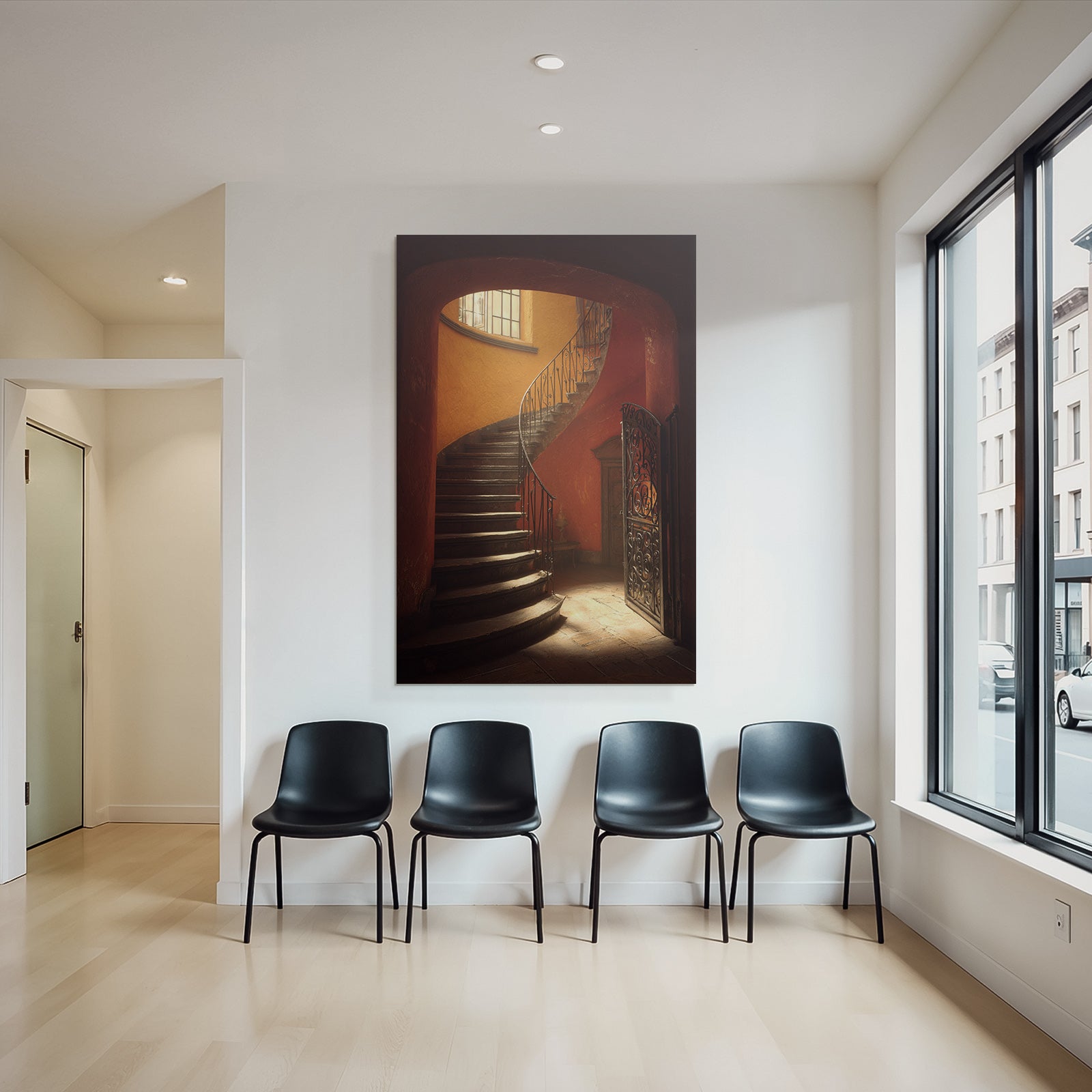 Treppe Mit Geschwungendem Design Holzstufen Schmiedeeisen Handlauf Orange Wände