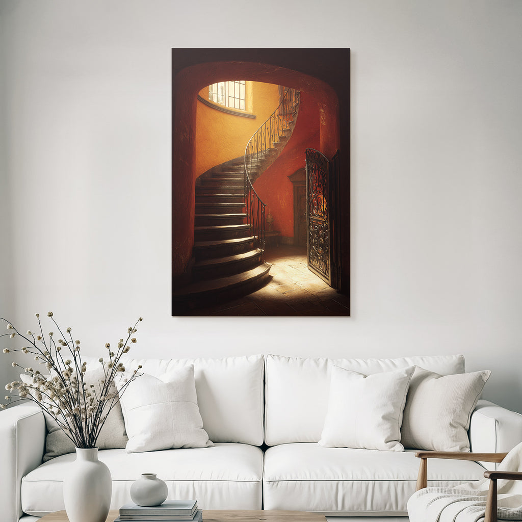 Treppe Mit Geschwungendem Design Holzstufen Schmiedeeisen Handlauf Orange Wände