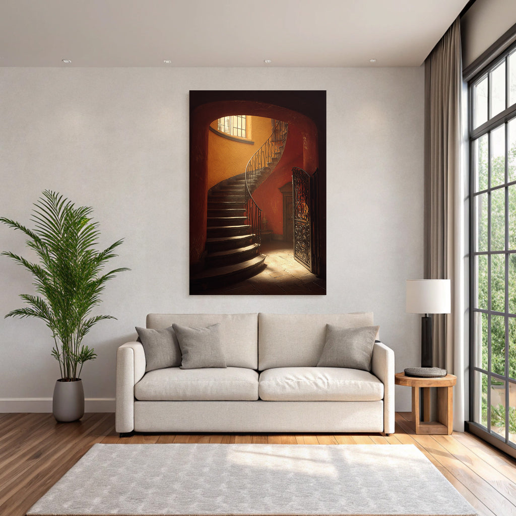 Treppe Mit Geschwungendem Design Holzstufen Schmiedeeisen Handlauf Orange Wände