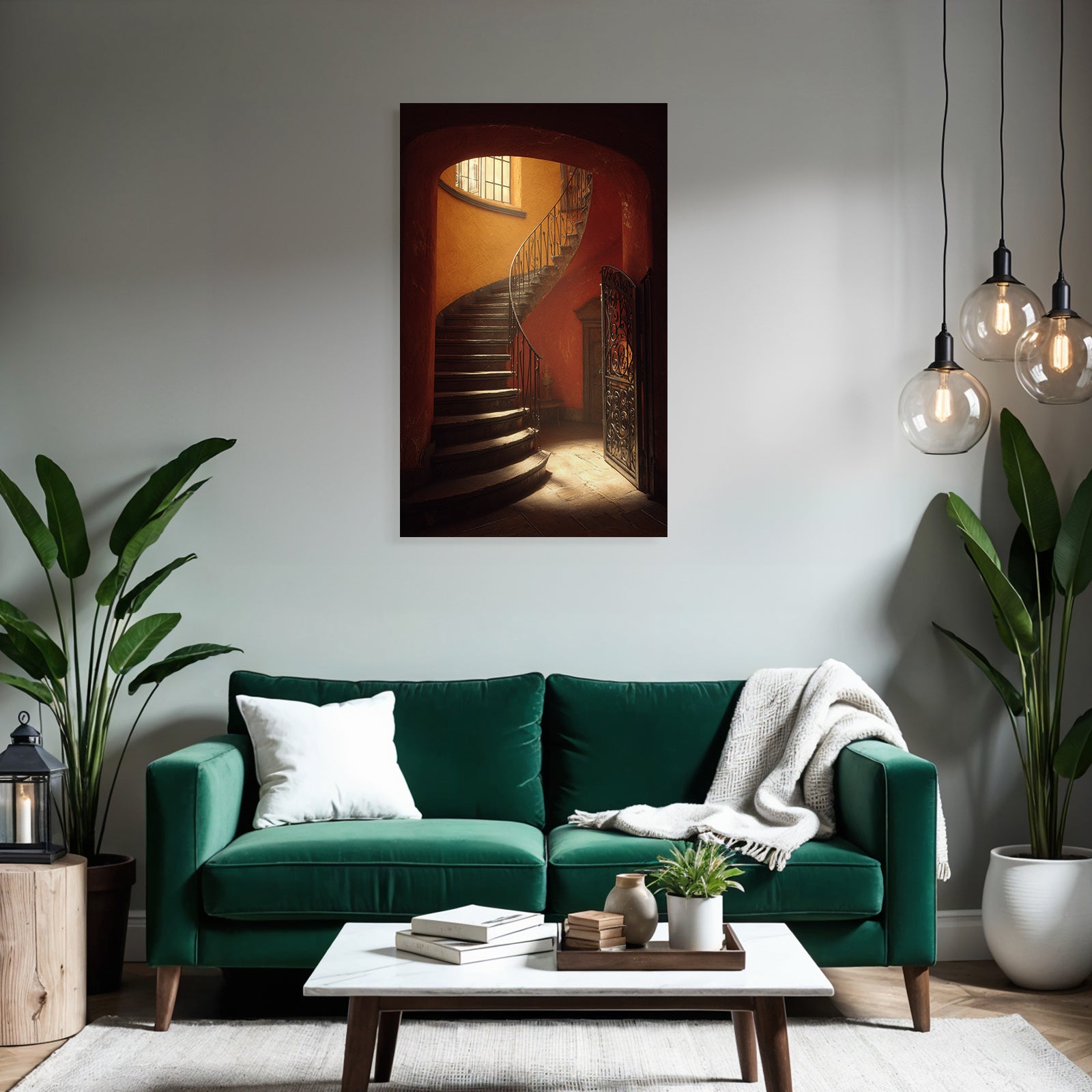 Treppe Mit Geschwungendem Design Holzstufen Schmiedeeisen Handlauf Orange Wände