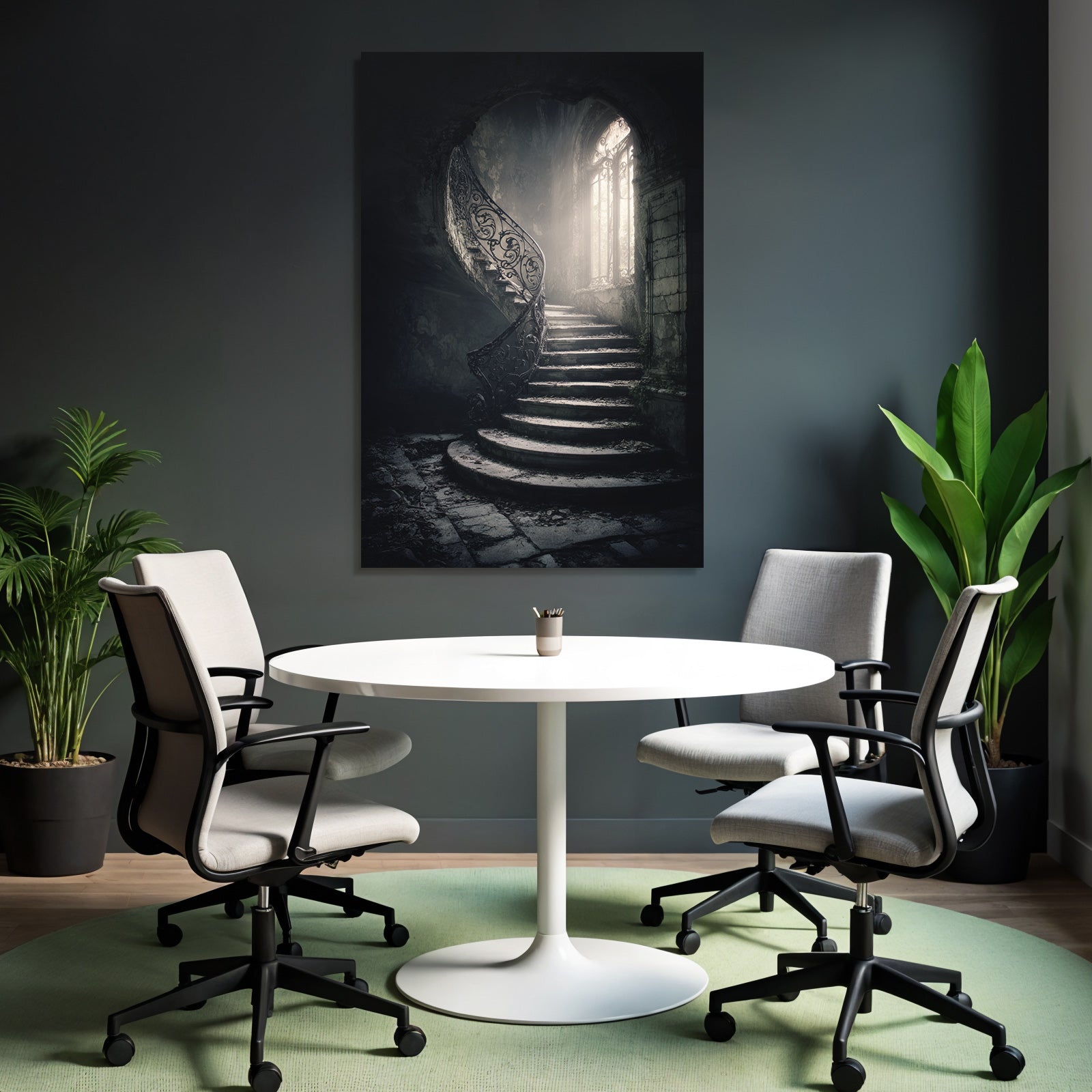 Verlassene Treppe Mit Eisen Handlauf Und Ornament Fenster