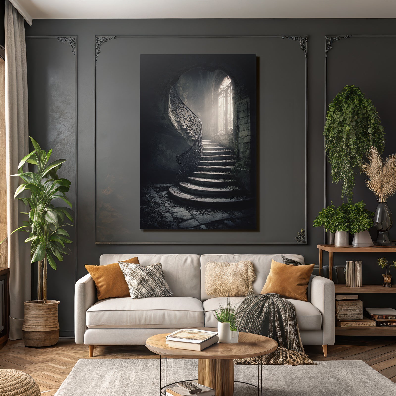 Verlassene Treppe Mit Eisen Handlauf Und Ornament Fenster