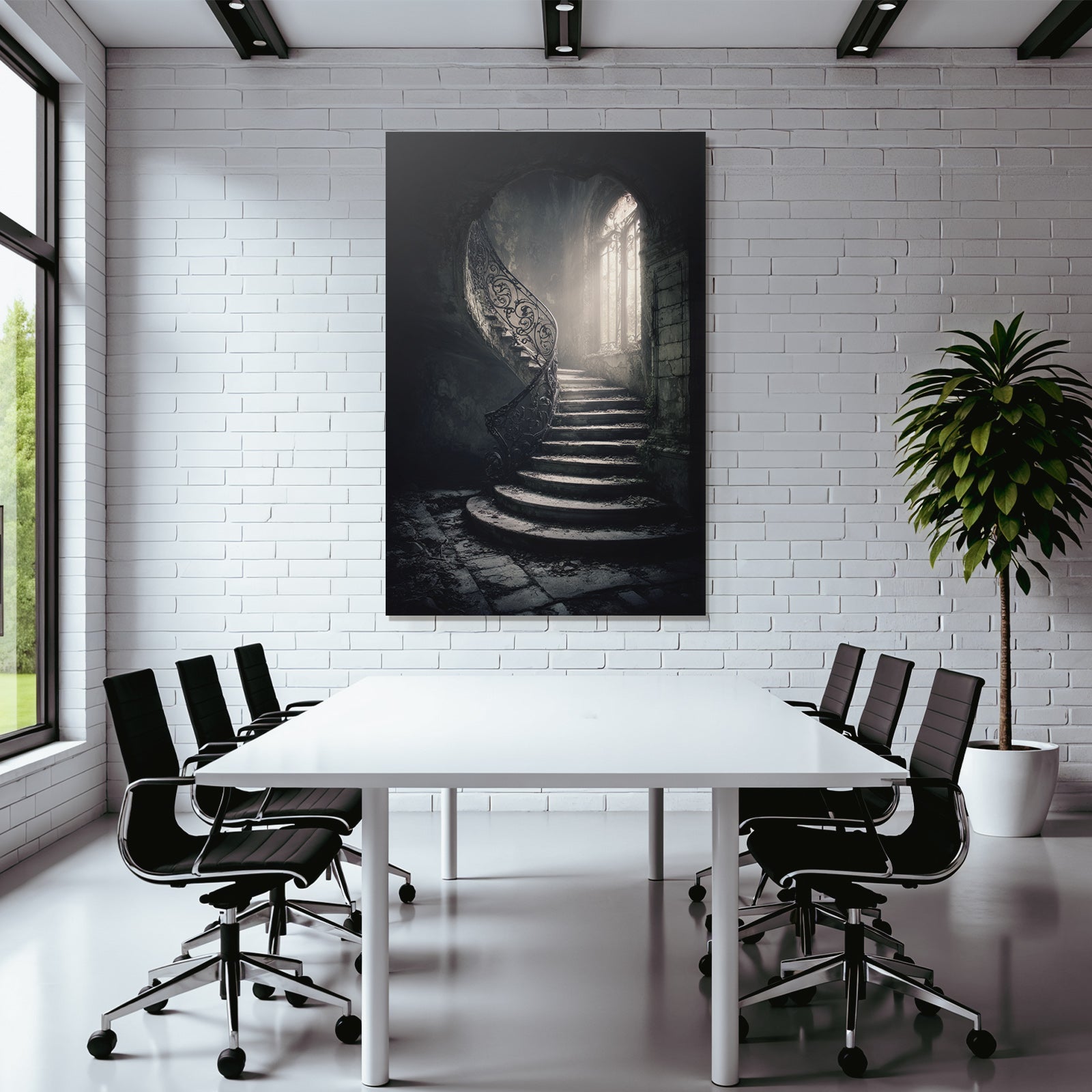 Verlassene Treppe Mit Eisen Handlauf Und Ornament Fenster