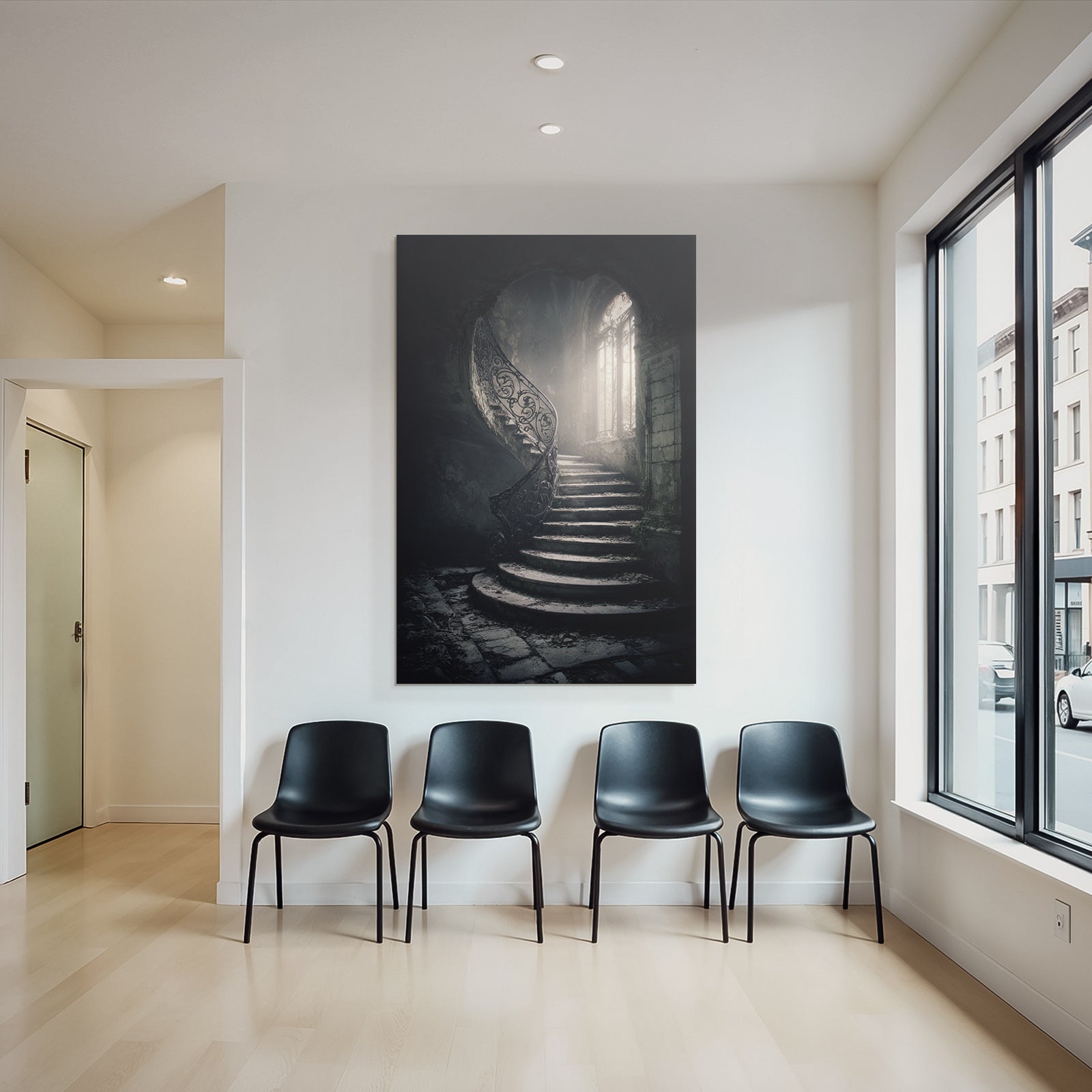 Verlassene Treppe Mit Eisen Handlauf Und Ornament Fenster