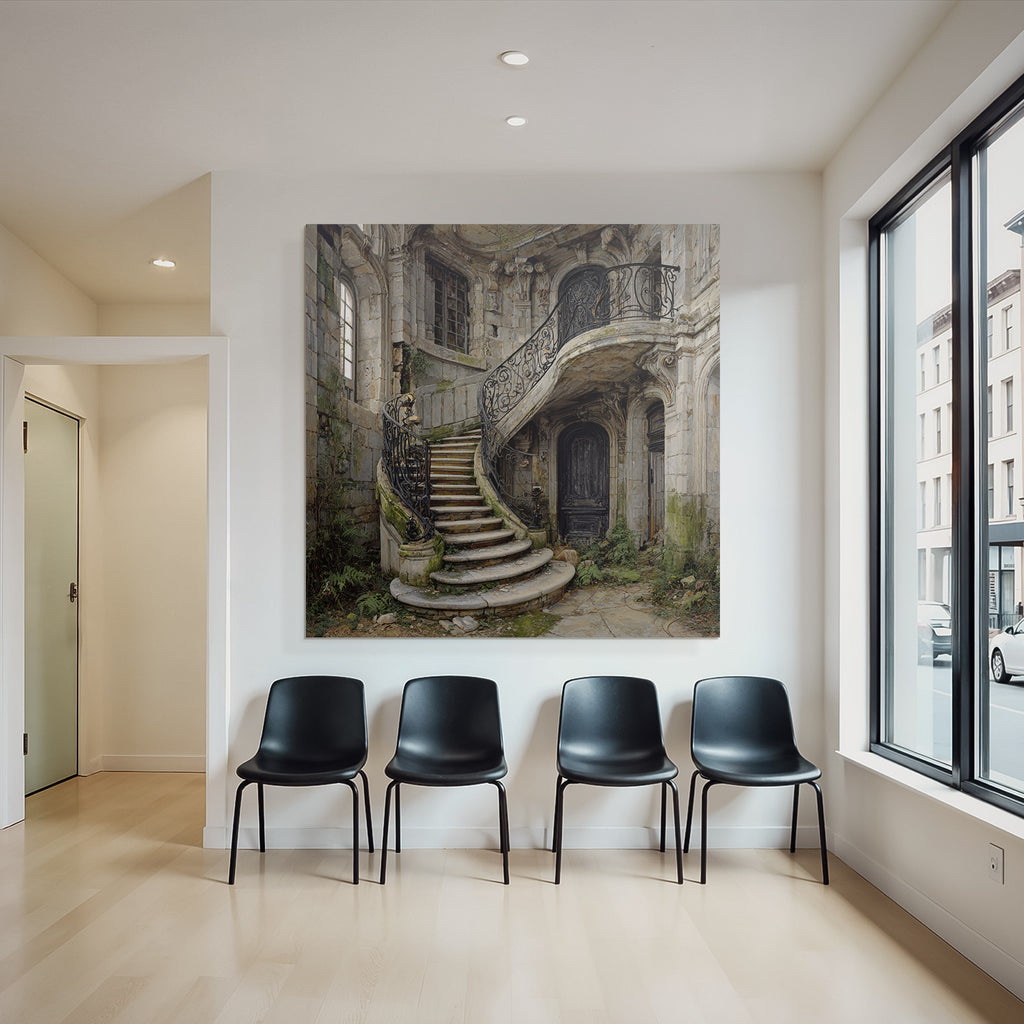 Alte Verlassene Innen Mit Prächtiger Treppe Und Überwucherten Pflanzen