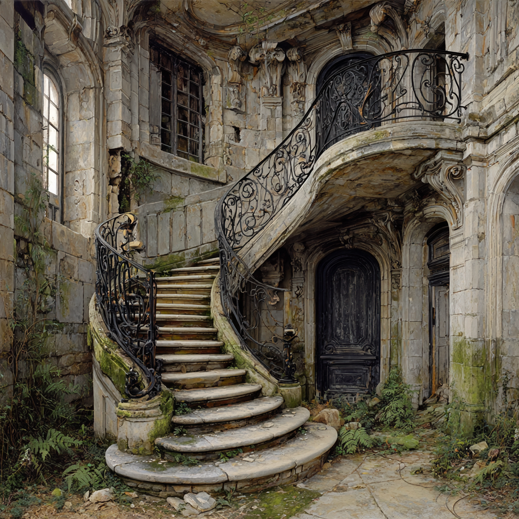 Alte Verlassene Innen Mit Prächtiger Treppe Und Überwucherten Pflanzen | Tueren Treppen und Tore | Architektur