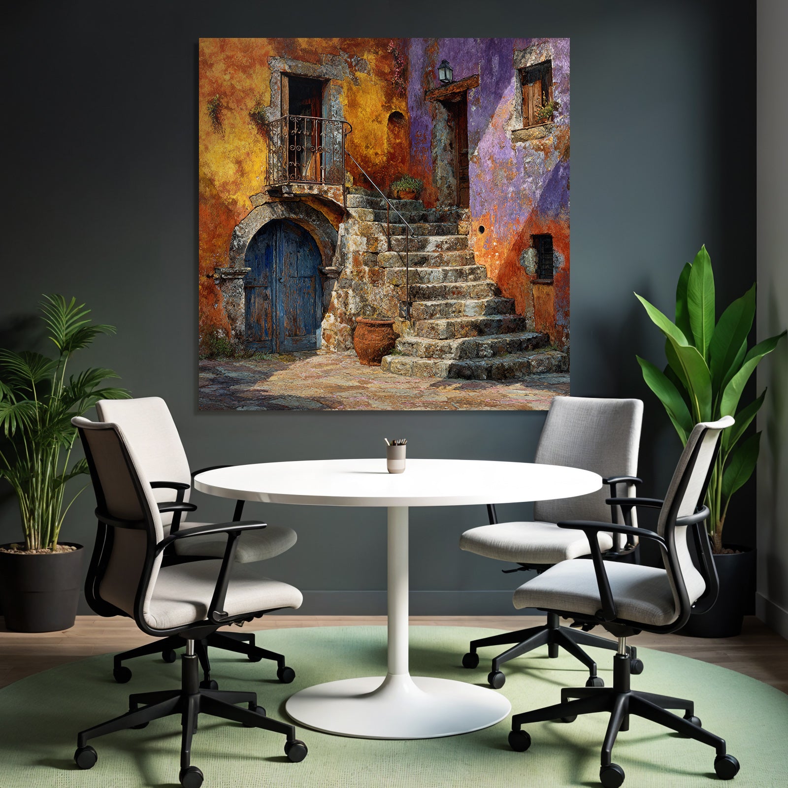 Buntes Mediterranes Wandbild Mit Steintreppe Und Blumentopf