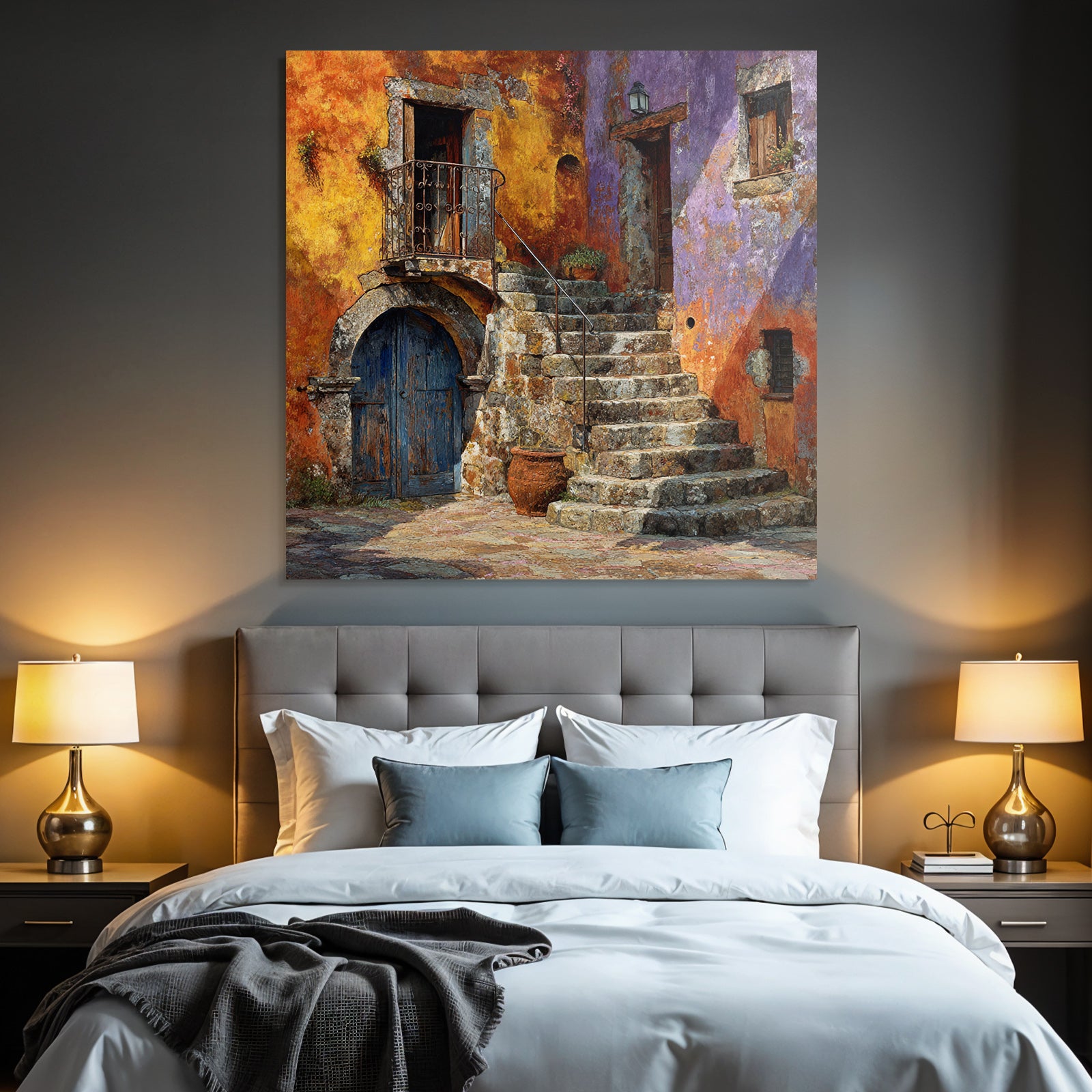 Buntes Mediterranes Wandbild Mit Steintreppe Und Blumentopf