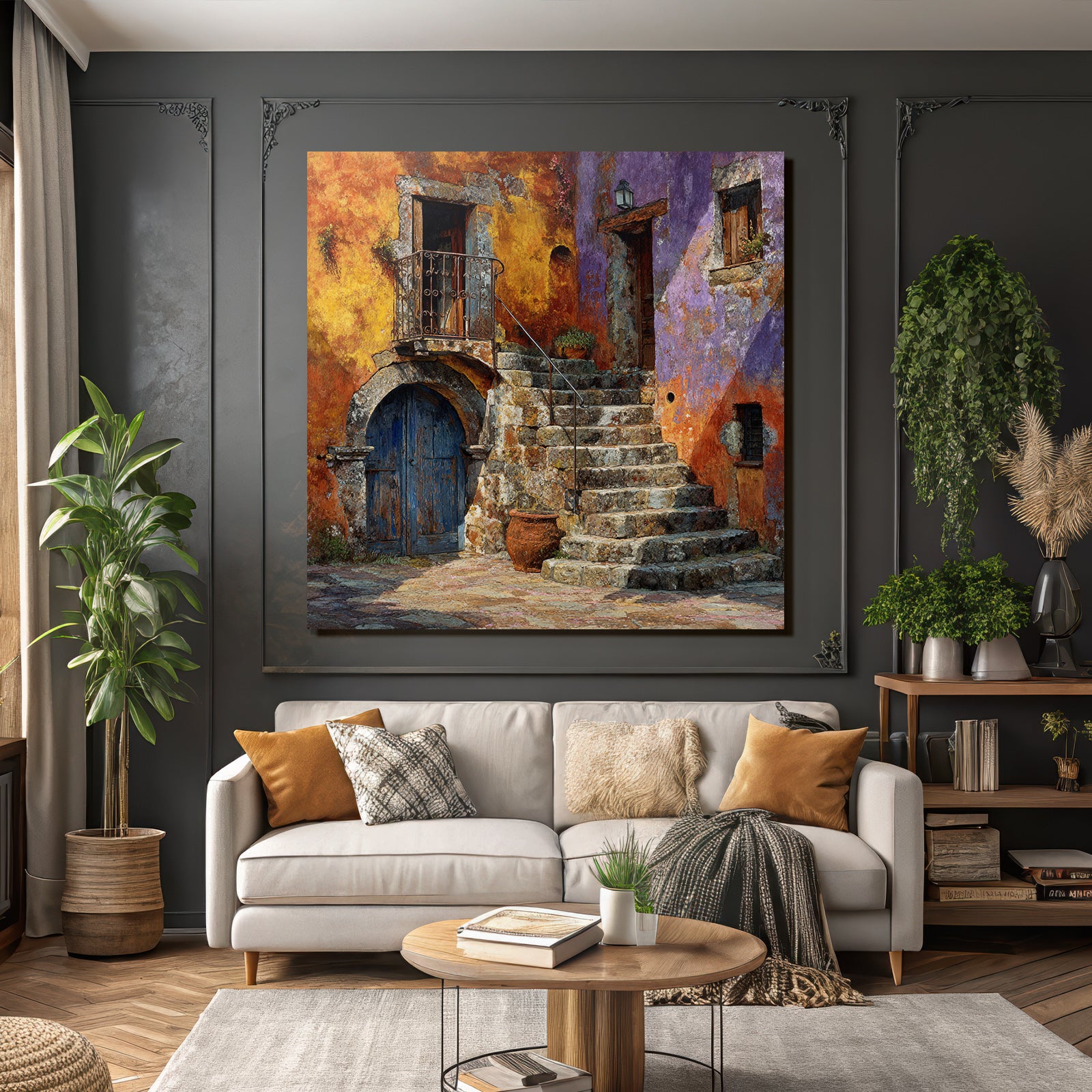 Buntes Mediterranes Wandbild Mit Steintreppe Und Blumentopf
