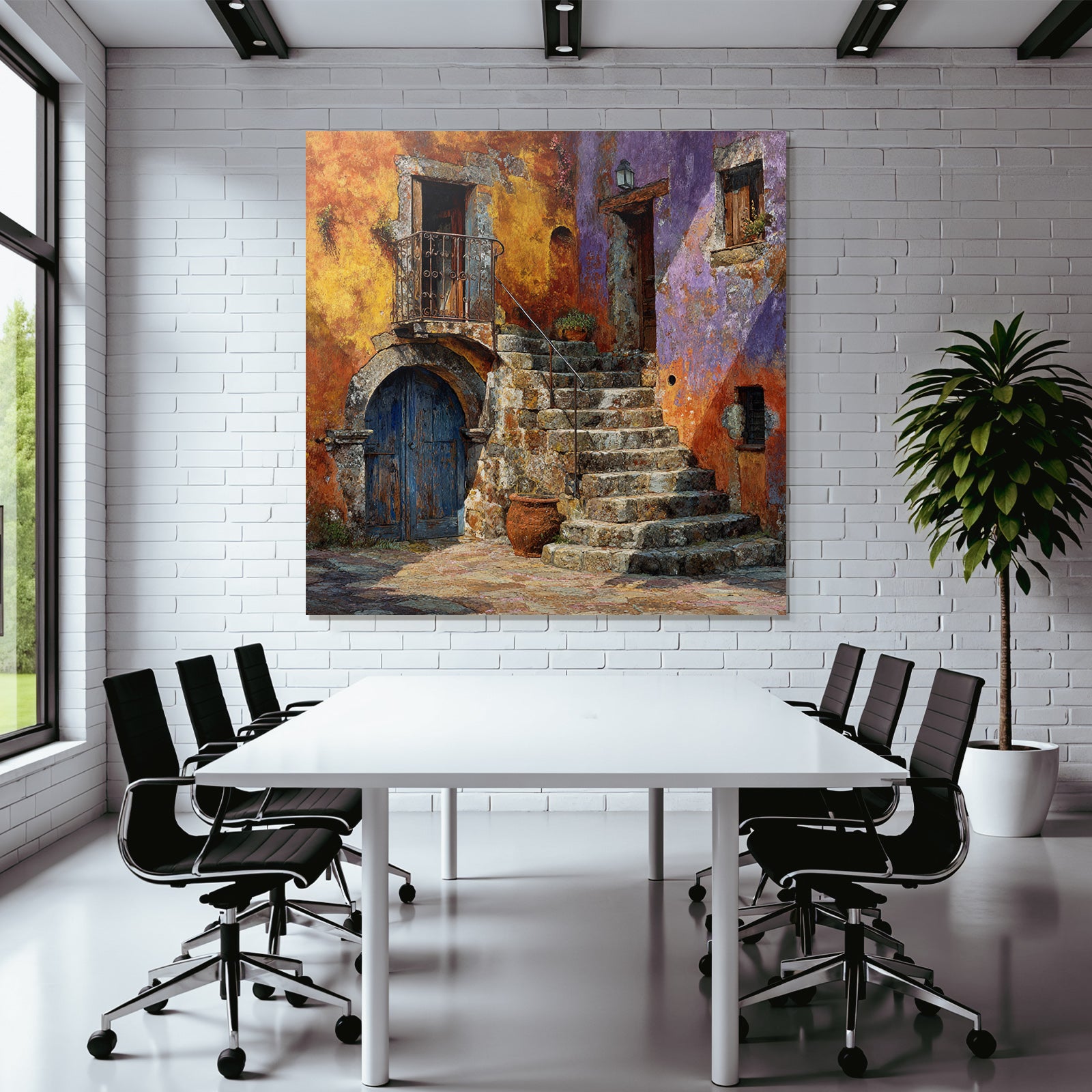 Buntes Mediterranes Wandbild Mit Steintreppe Und Blumentopf
