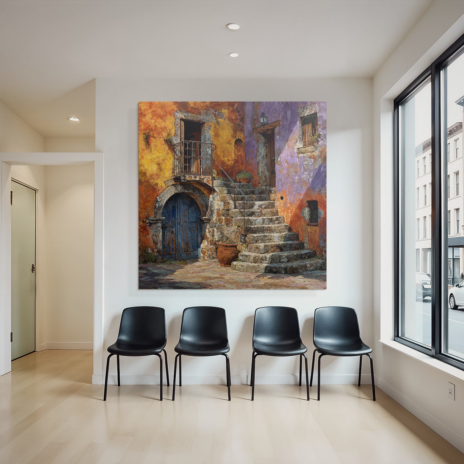 Buntes Mediterranes Wandbild Mit Steintreppe Und Blumentopf