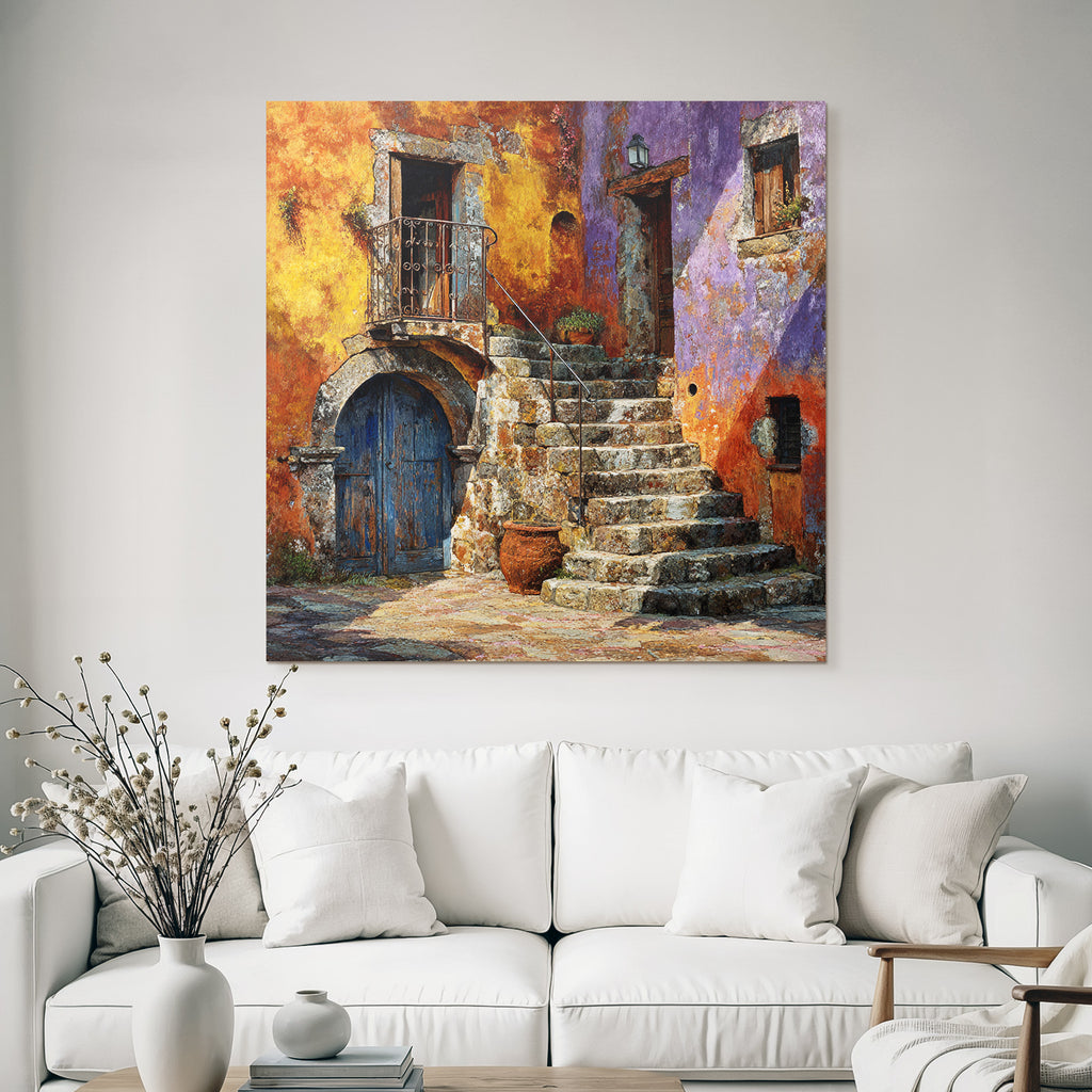 Buntes Mediterranes Wandbild Mit Steintreppe Und Blumentopf