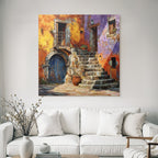 Buntes Mediterranes Wandbild Mit Steintreppe Und Blumentopf