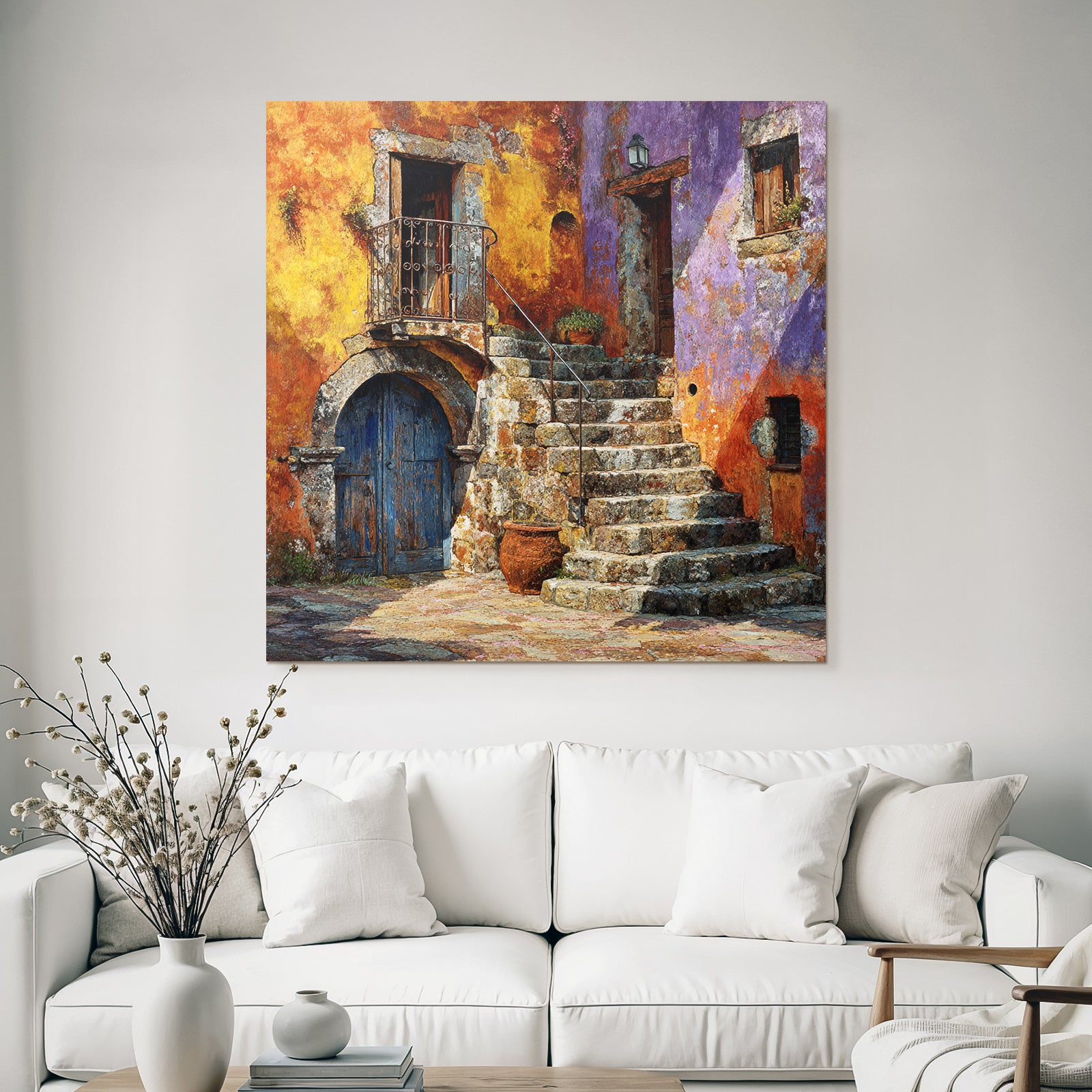 Buntes Mediterranes Wandbild Mit Steintreppe Und Blumentopf