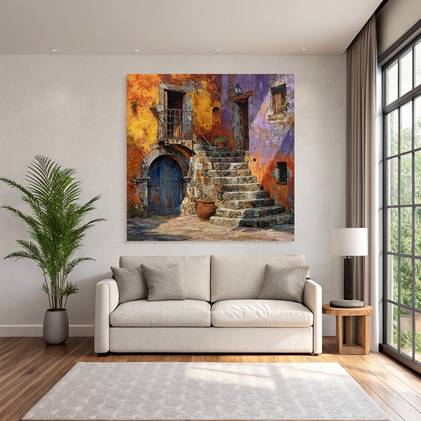 Buntes Mediterranes Wandbild Mit Steintreppe Und Blumentopf