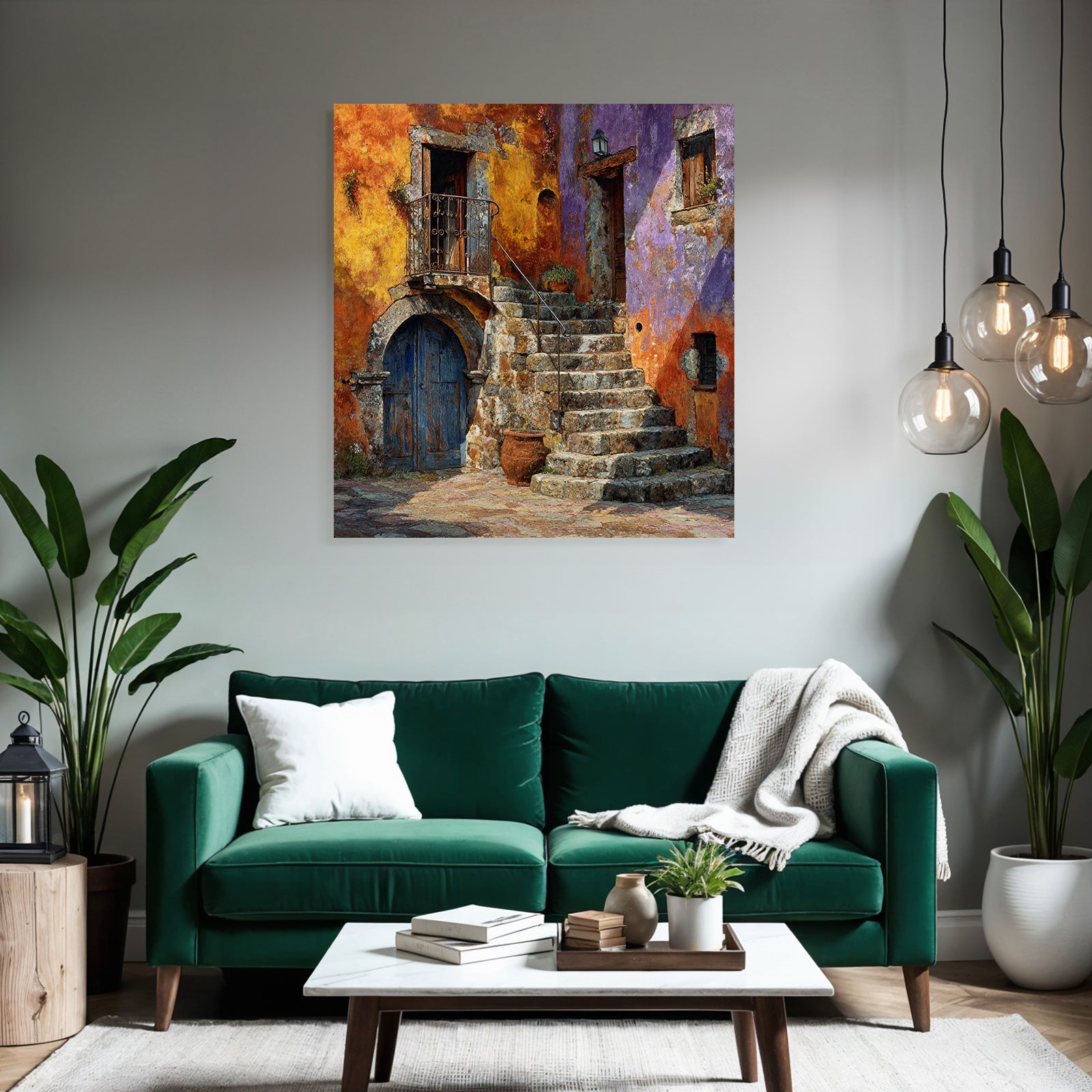 Buntes Mediterranes Wandbild Mit Steintreppe Und Blumentopf