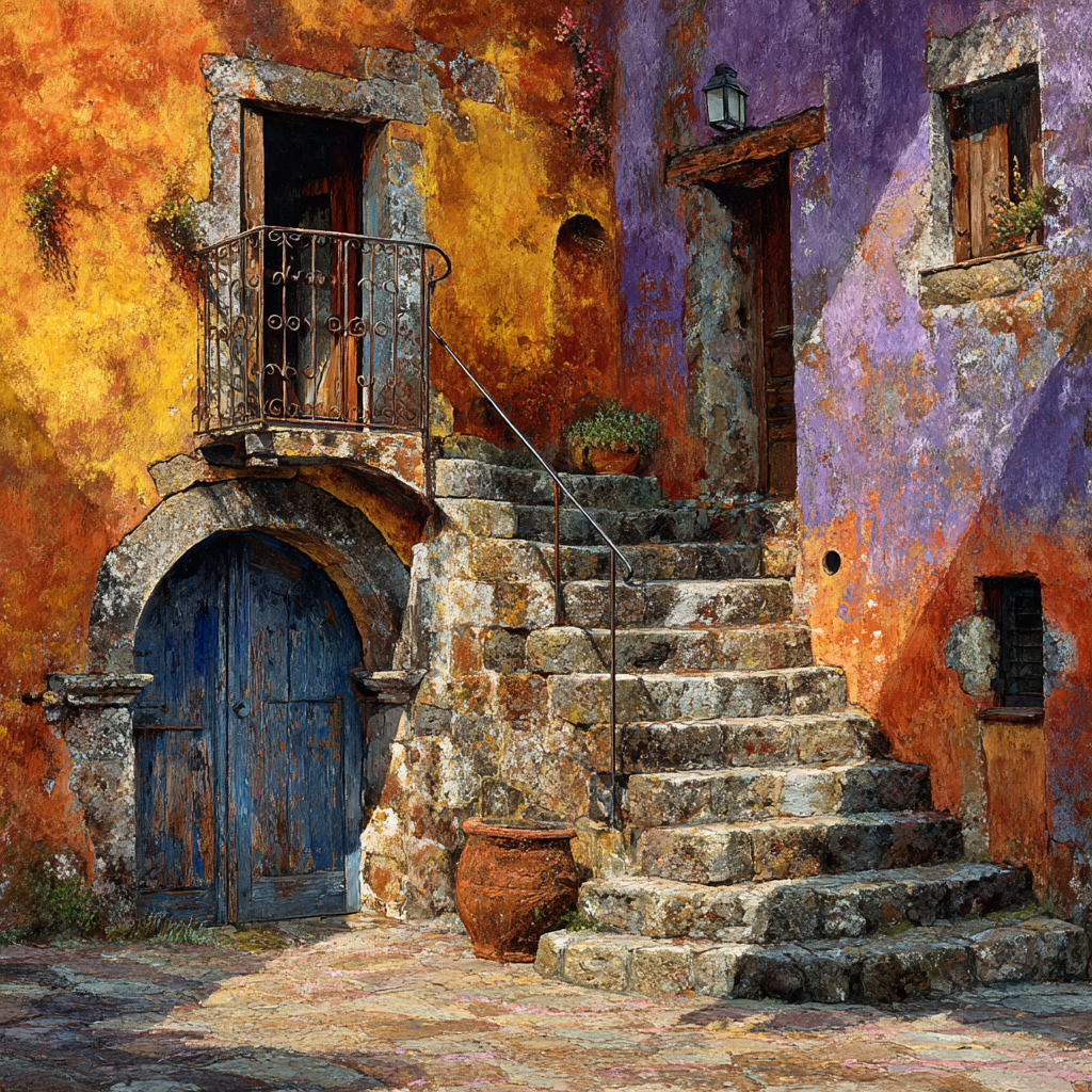 Buntes Mediterranes Wandbild Mit Steintreppe Und Blumentopf | Tueren Treppen und Tore | Architektur
