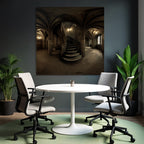 Dimly Beleuchtete Stiege In Einem Gotischen Raums Mit Vaulted Ceiling