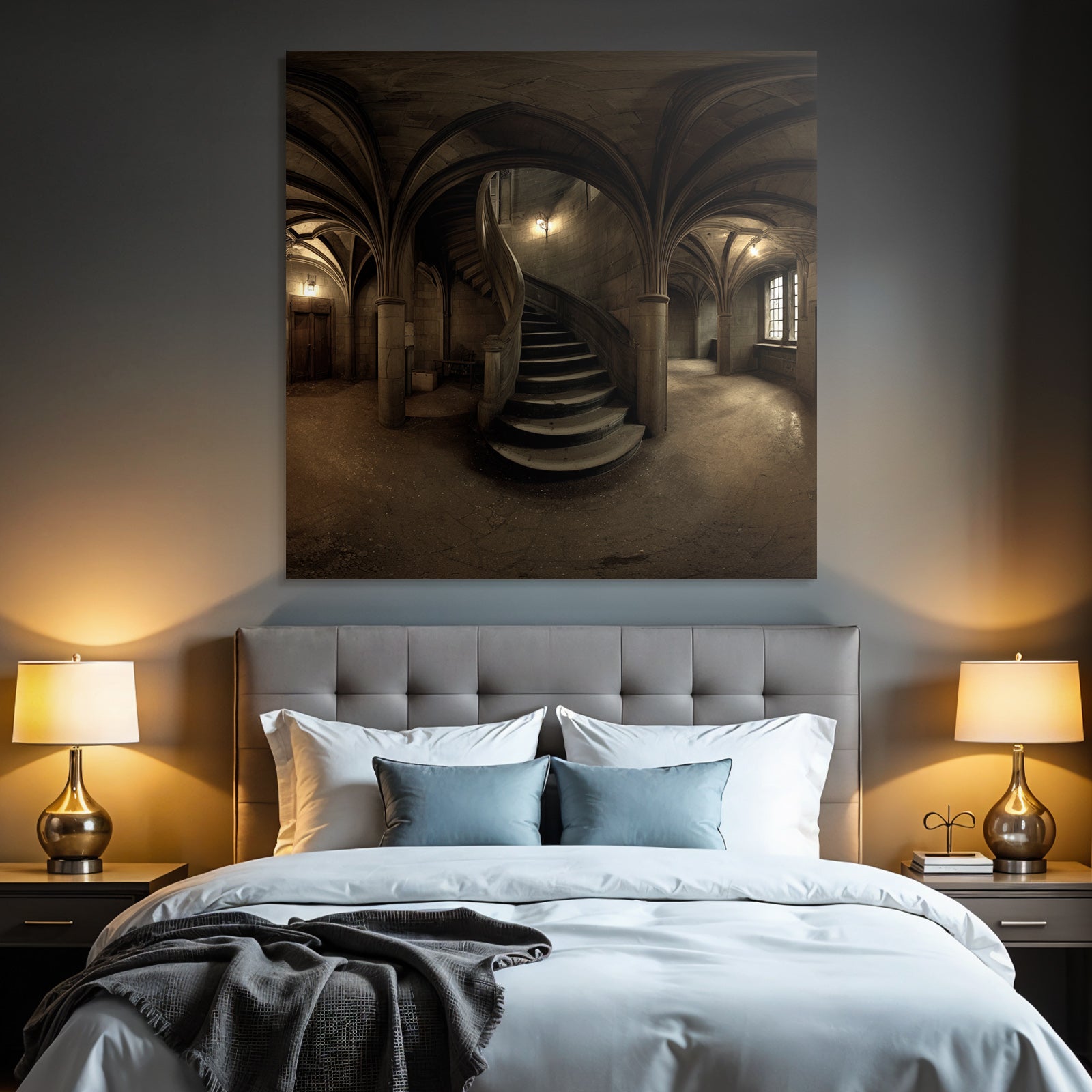 Dimly Beleuchtete Stiege In Einem Gotischen Raums Mit Vaulted Ceiling