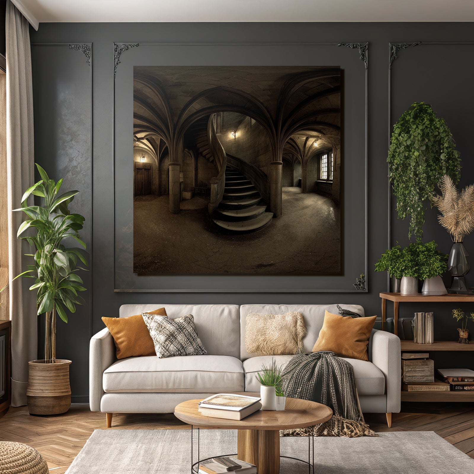 Dimly Beleuchtete Stiege In Einem Gotischen Raums Mit Vaulted Ceiling