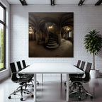 Dimly Beleuchtete Stiege In Einem Gotischen Raums Mit Vaulted Ceiling