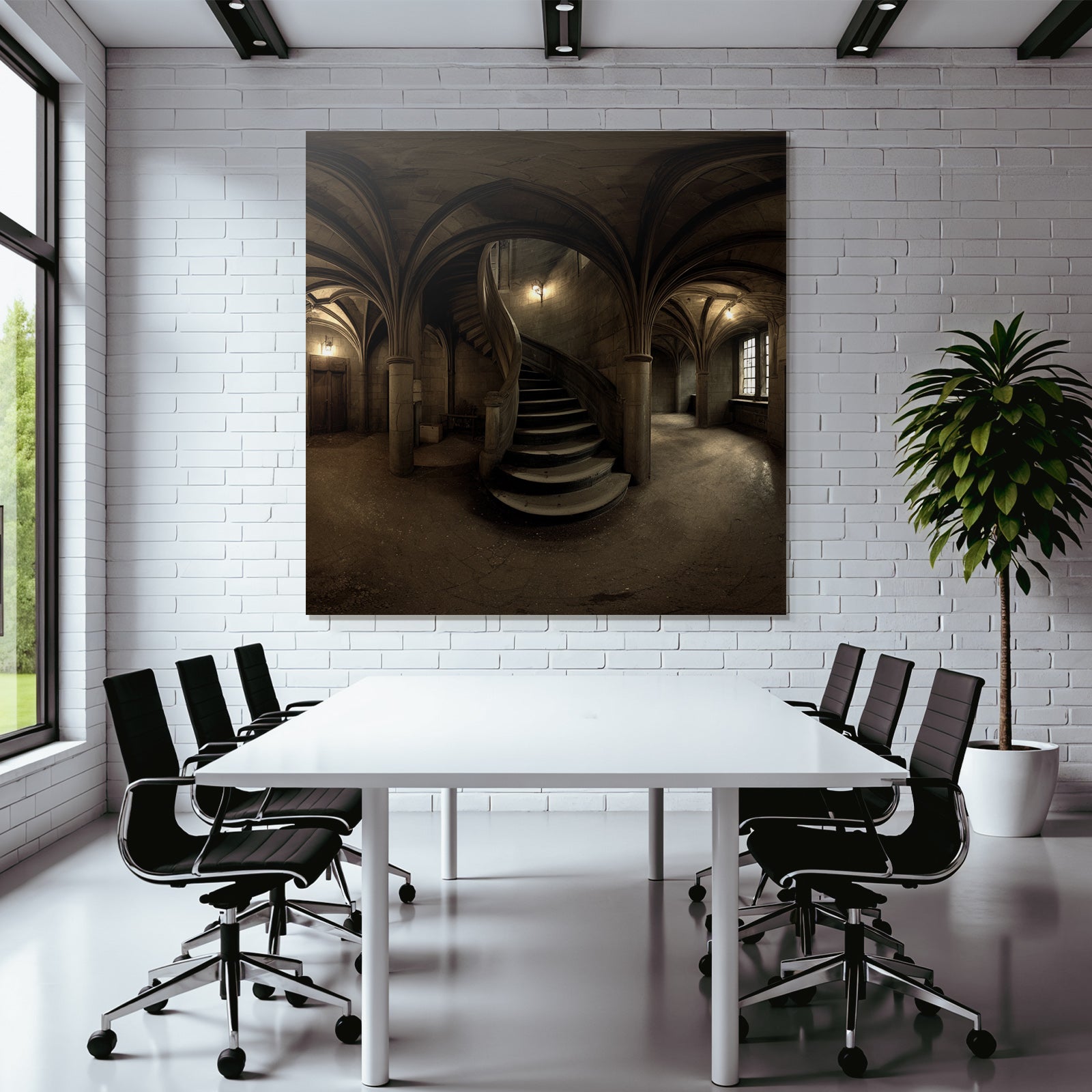 Dimly Beleuchtete Stiege In Einem Gotischen Raums Mit Vaulted Ceiling