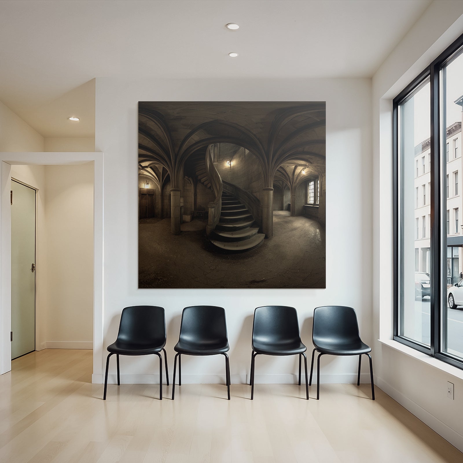 Dimly Beleuchtete Stiege In Einem Gotischen Raums Mit Vaulted Ceiling