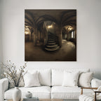 Dimly Beleuchtete Stiege In Einem Gotischen Raums Mit Vaulted Ceiling