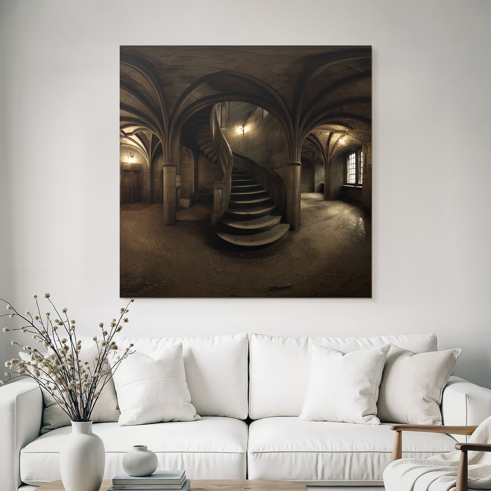Dimly Beleuchtete Stiege In Einem Gotischen Raums Mit Vaulted Ceiling