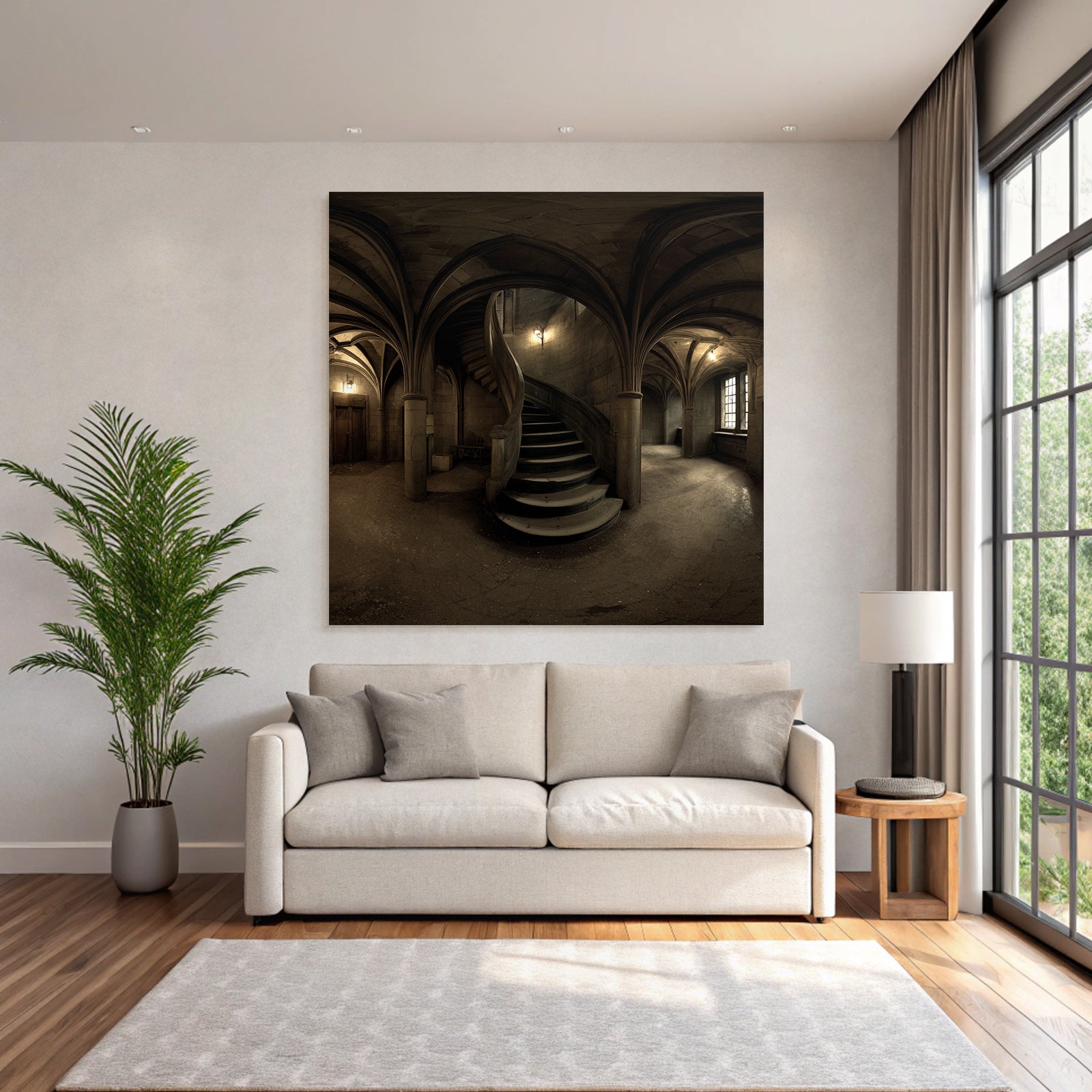 Dimly Beleuchtete Stiege In Einem Gotischen Raums Mit Vaulted Ceiling