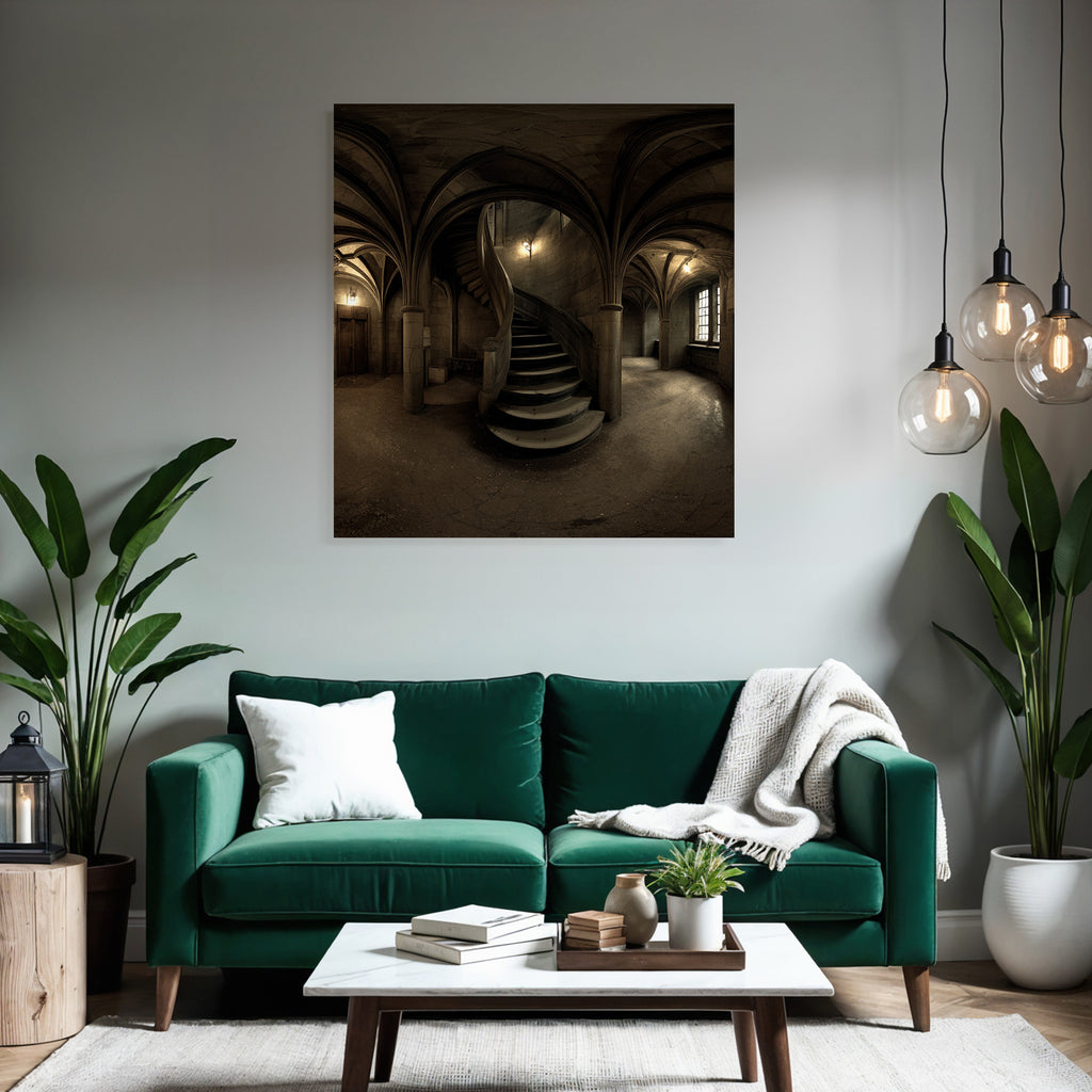 Dimly Beleuchtete Stiege In Einem Gotischen Raums Mit Vaulted Ceiling